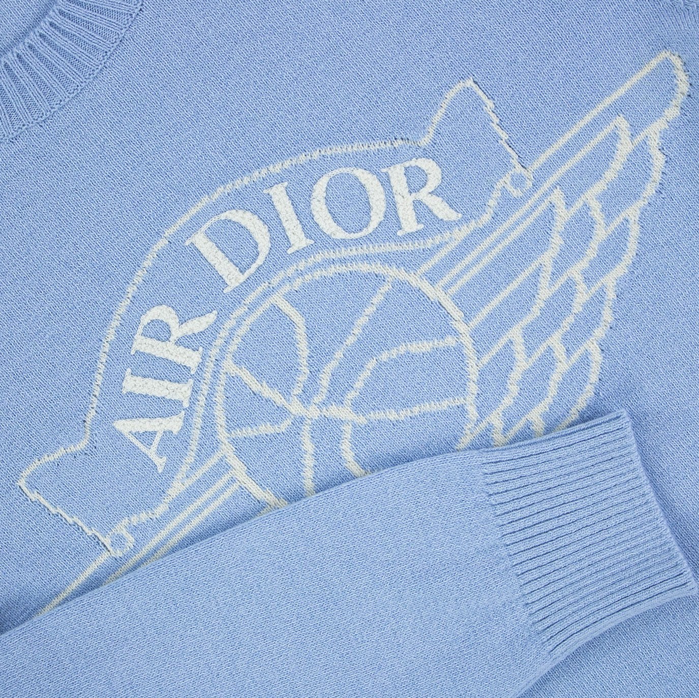 Close Up View of Dior x Jordan Wings Sky Blue Knit