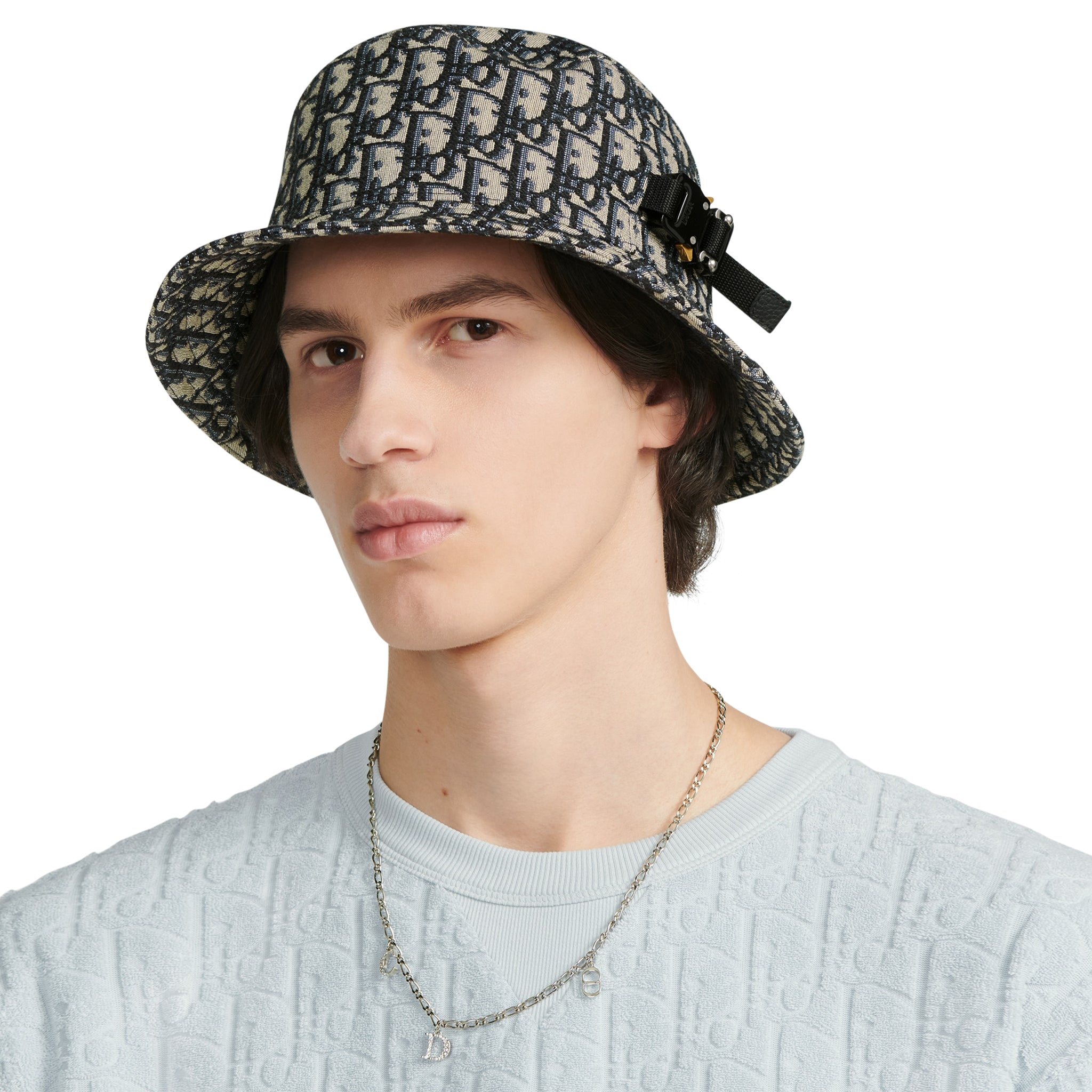 Image of Dior Oblique Jacquard Navy Blue Beige Cotton Bucket Hat