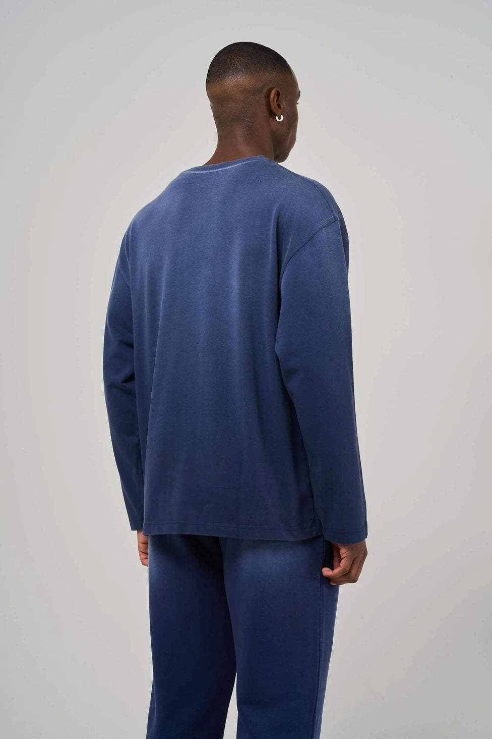 Model view of Kaizen Market Blank Heavyweight Fade Out Blue Longsleeve Tee