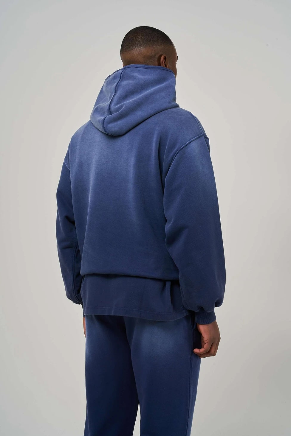 Model view of Kaizen Market Blank Heavyweight Fade Out Blue Hoodie