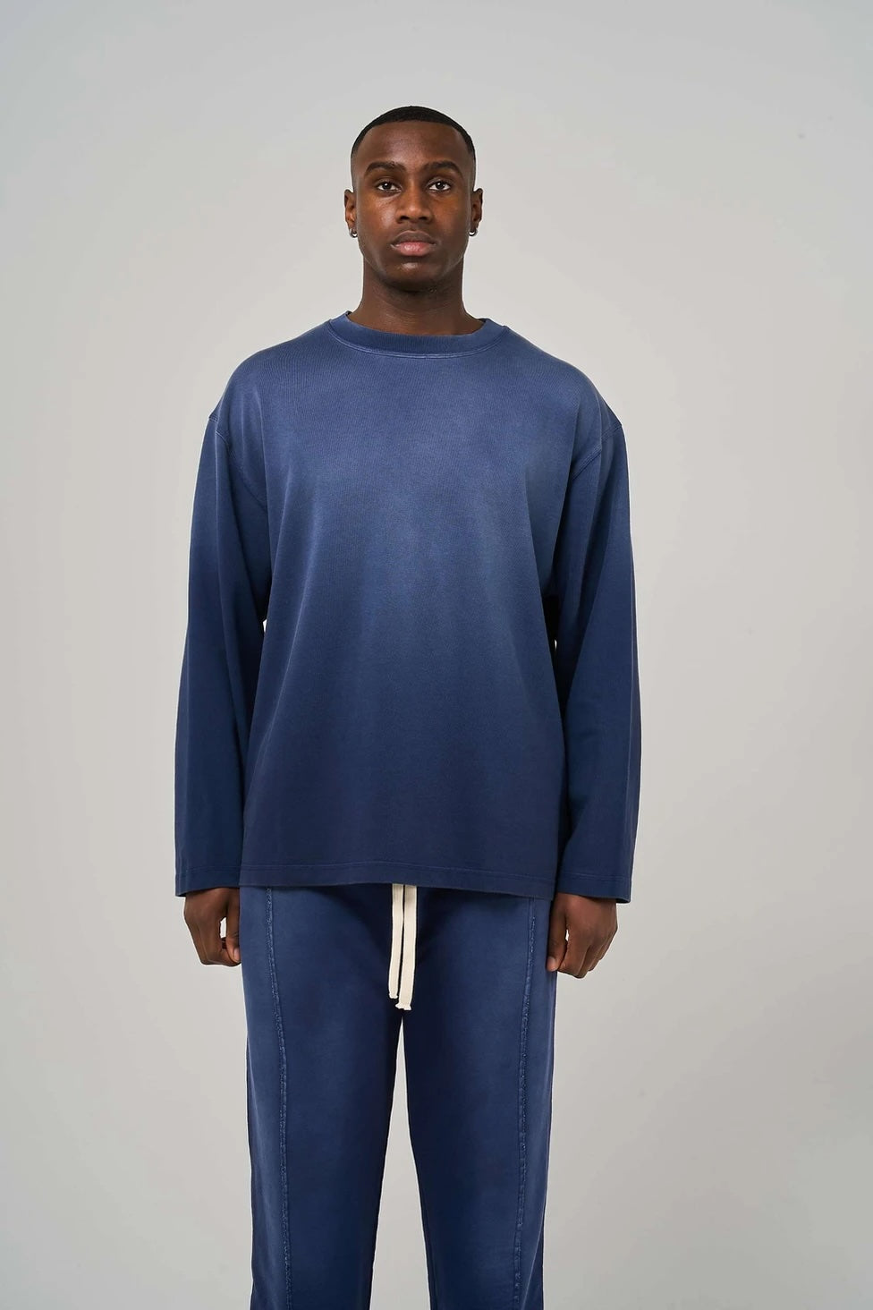 Model view of Kaizen Market Blank Heavyweight Fade Out Blue Longsleeve Tee