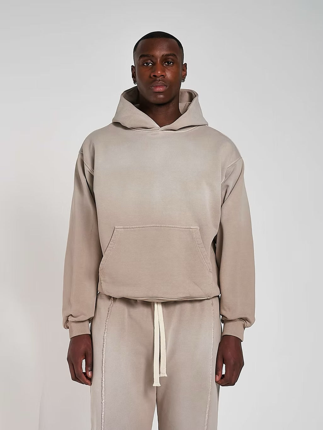 Model view of Kaizen Market Blank Heavyweight Fade Out Mocha Hoodie