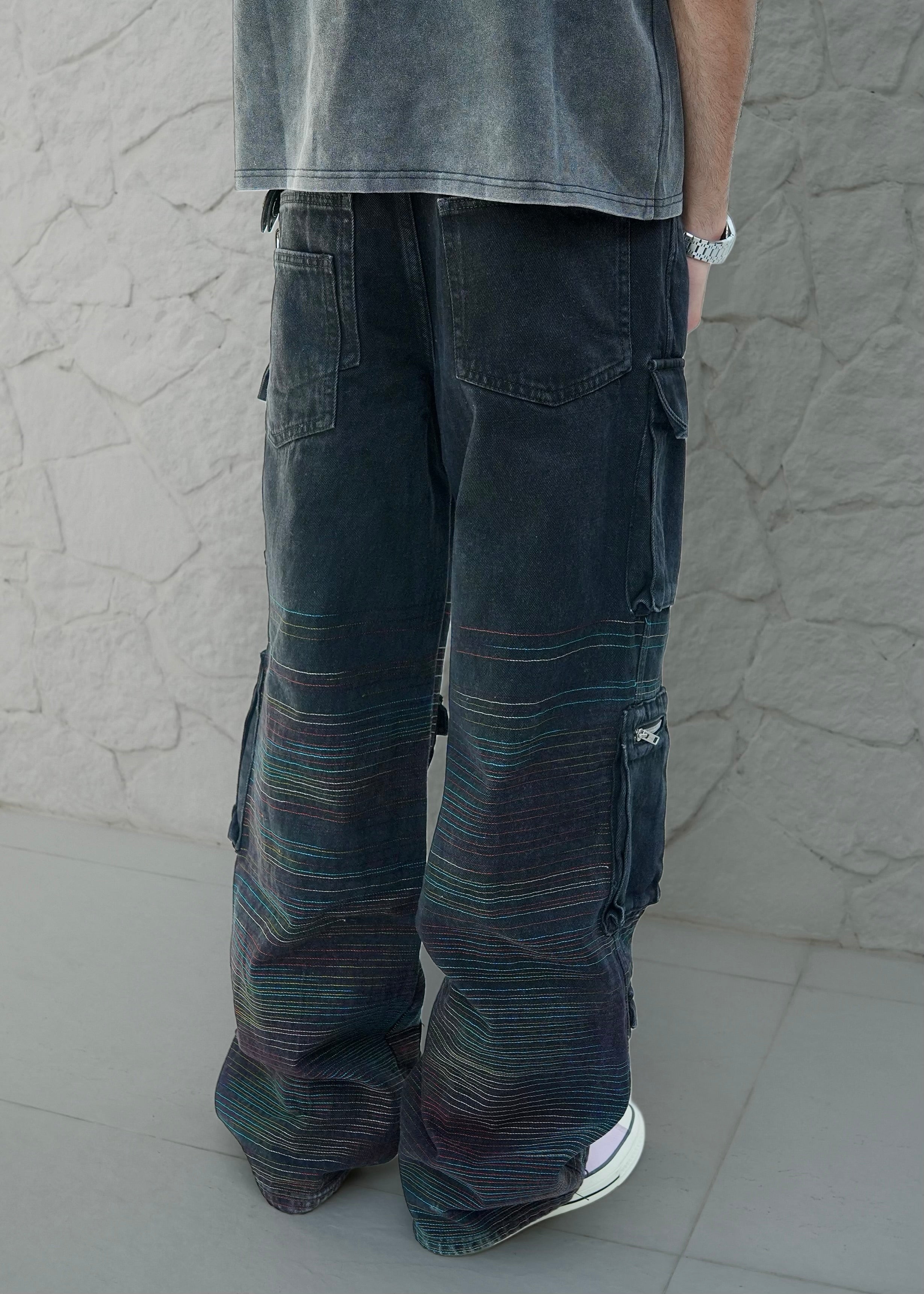 Last Lesson Embroidered Utility Black Cargo Pants