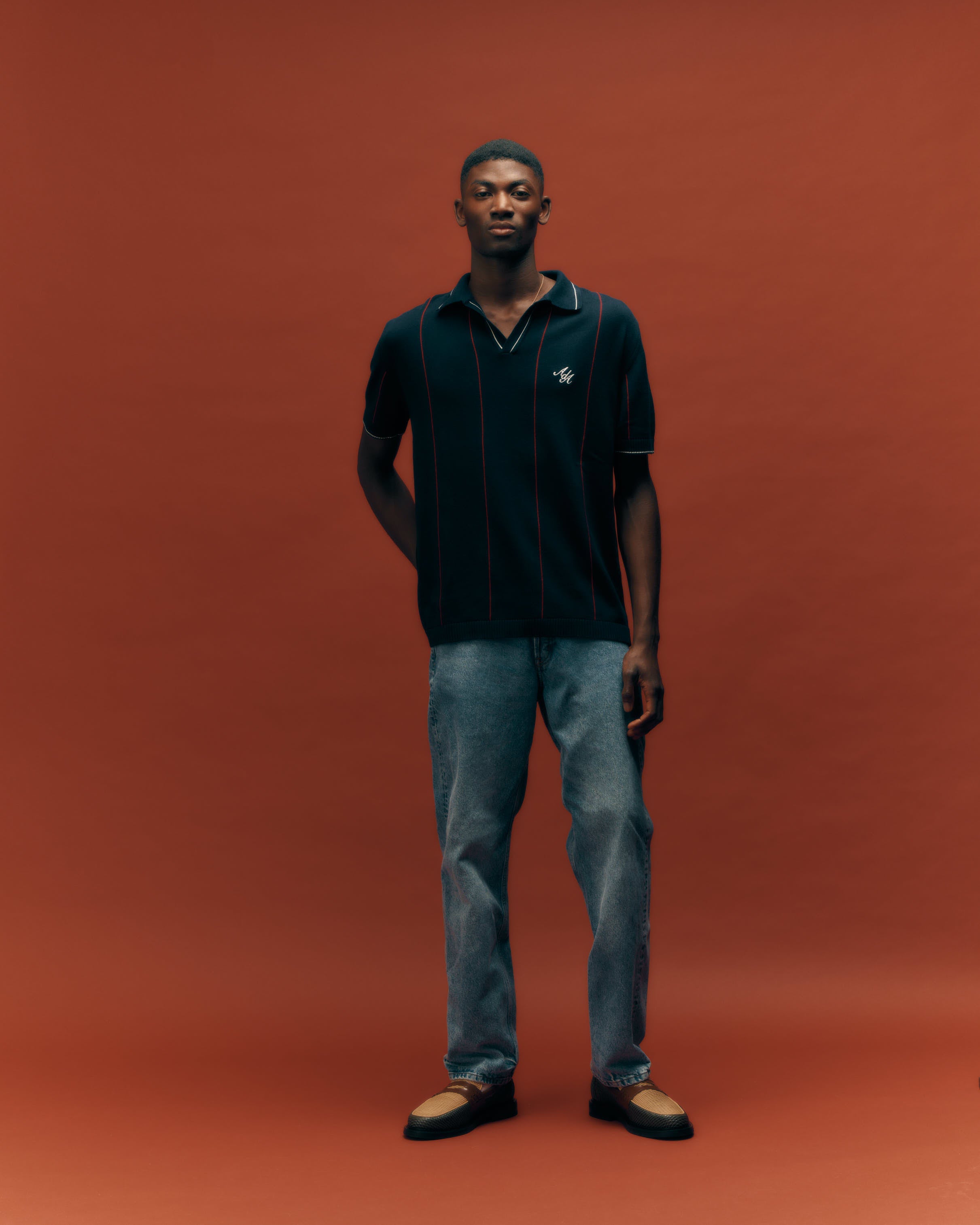Alma De Ace Stripe Knit Navy Blue Polo Shirt