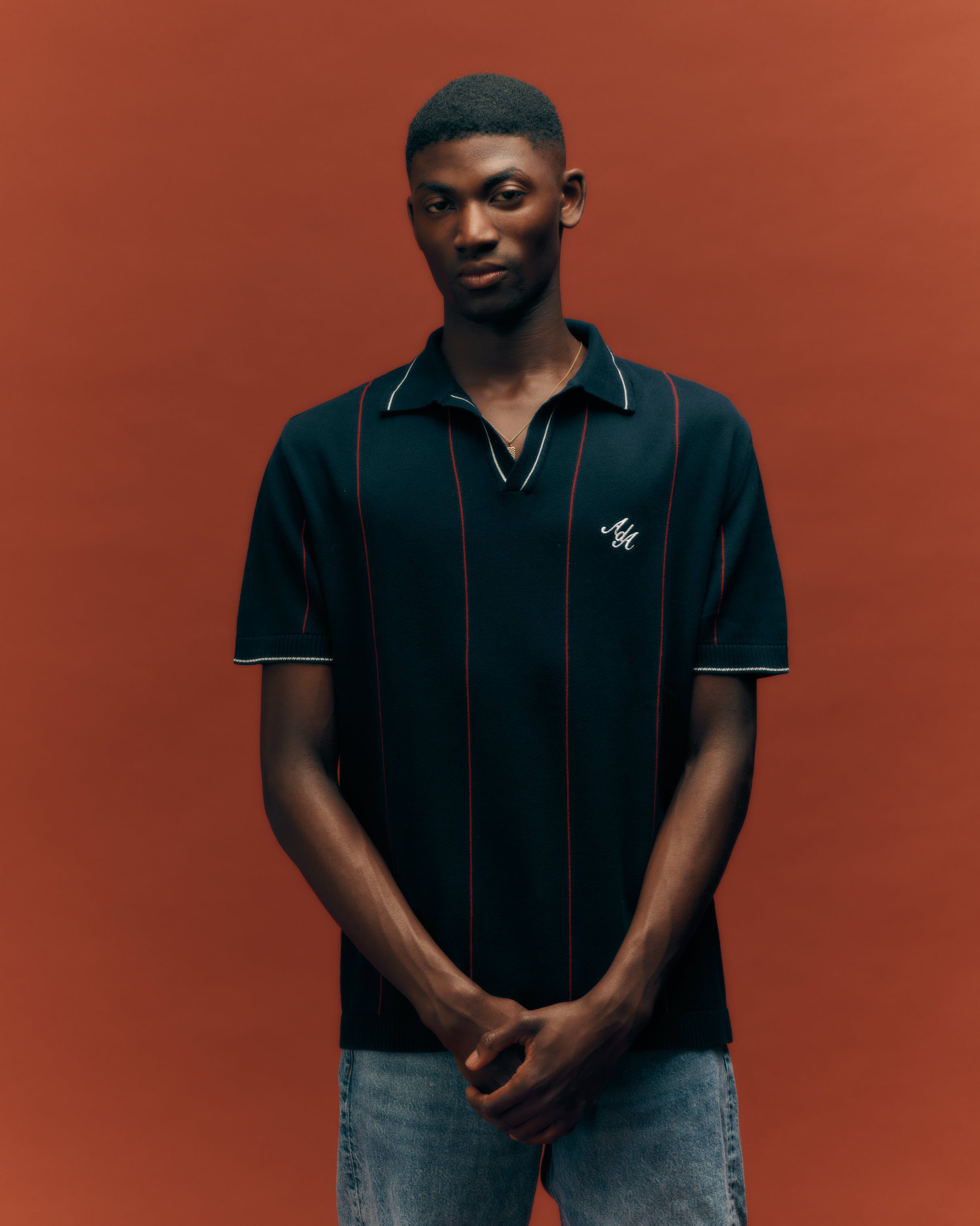Alma De Ace Stripe Knit Navy Blue Polo Shirt