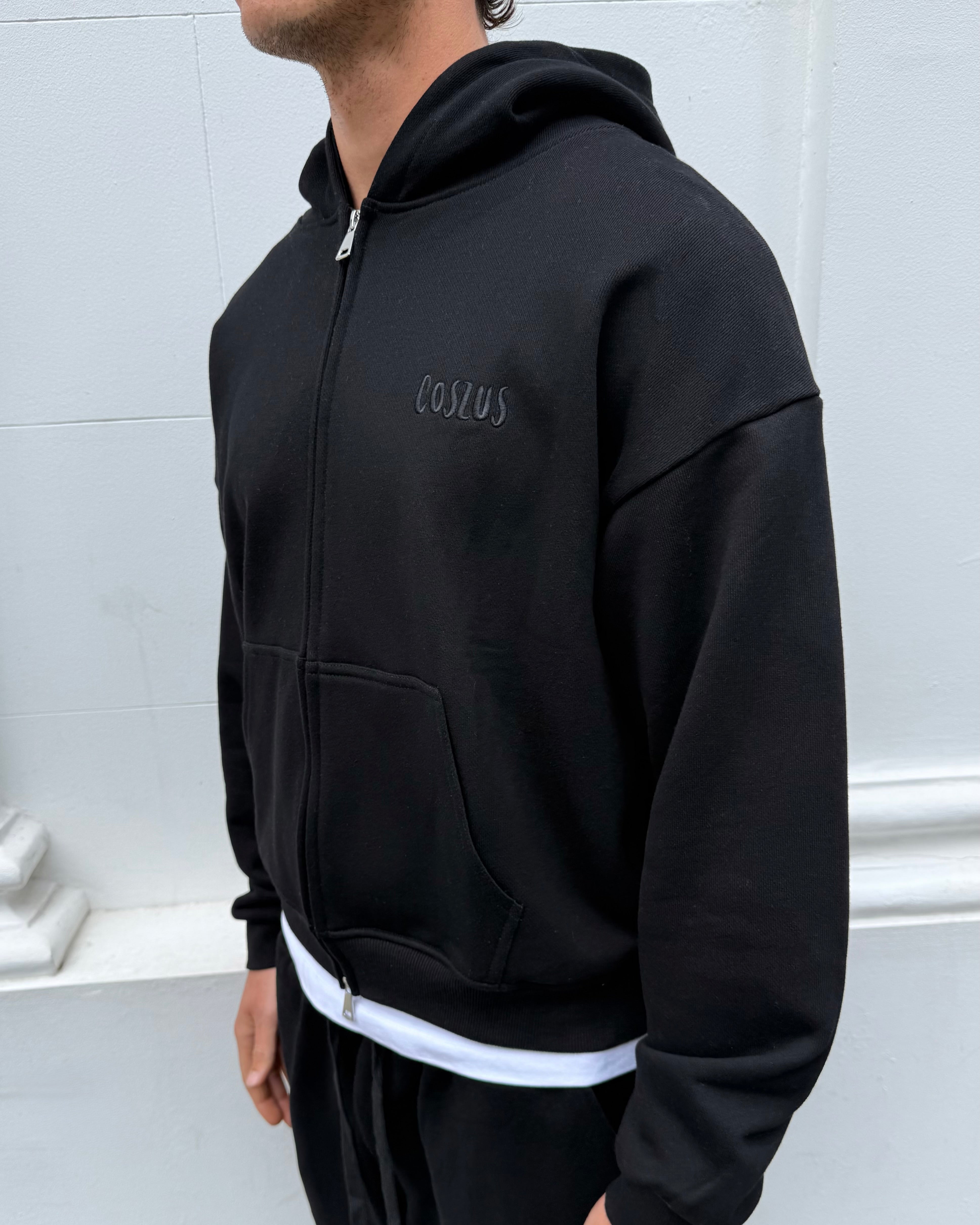 Coszus Embroidered Black Zip-Up Hoodie