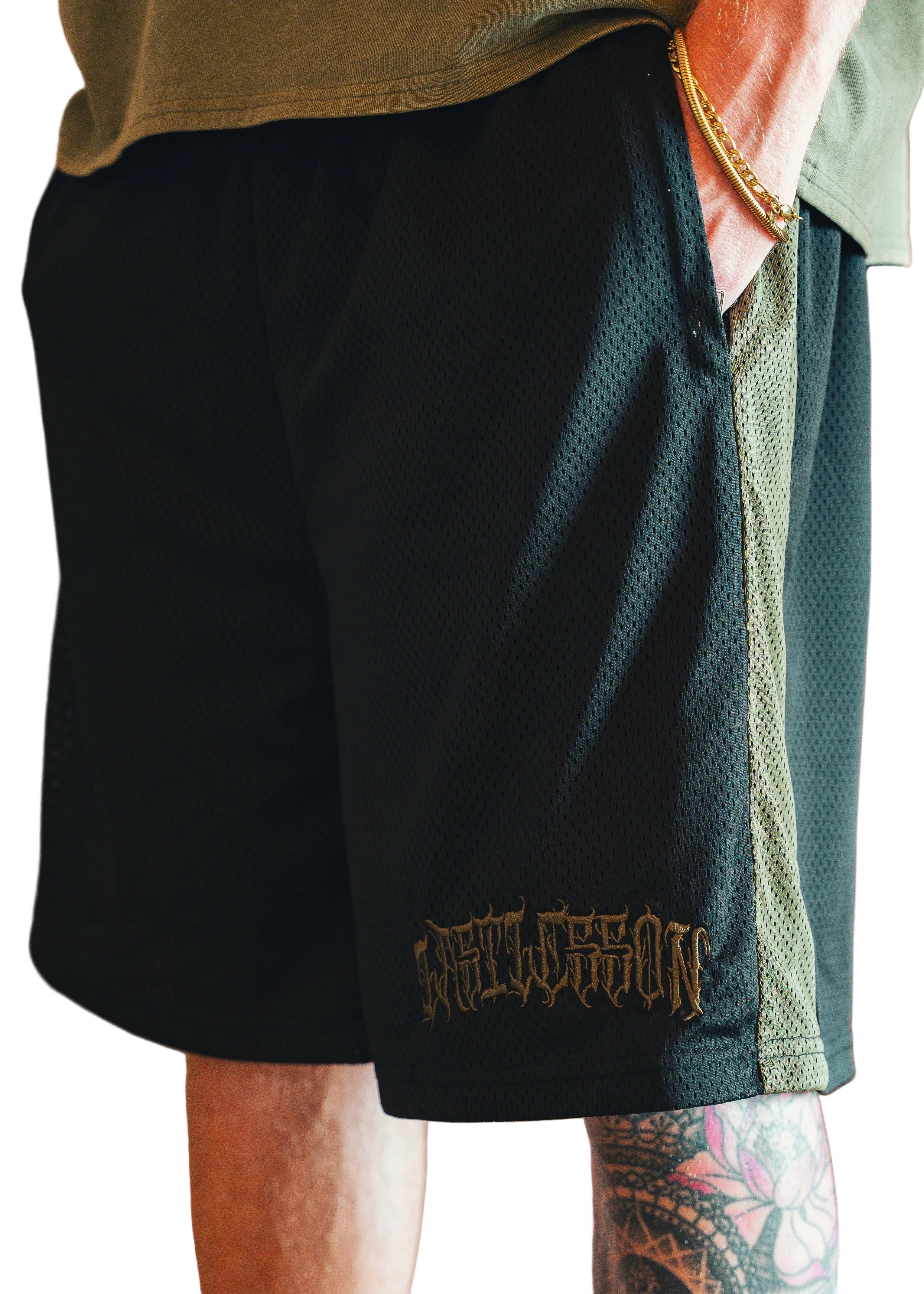 Last Lesson Mesh Black Khaki Shorts