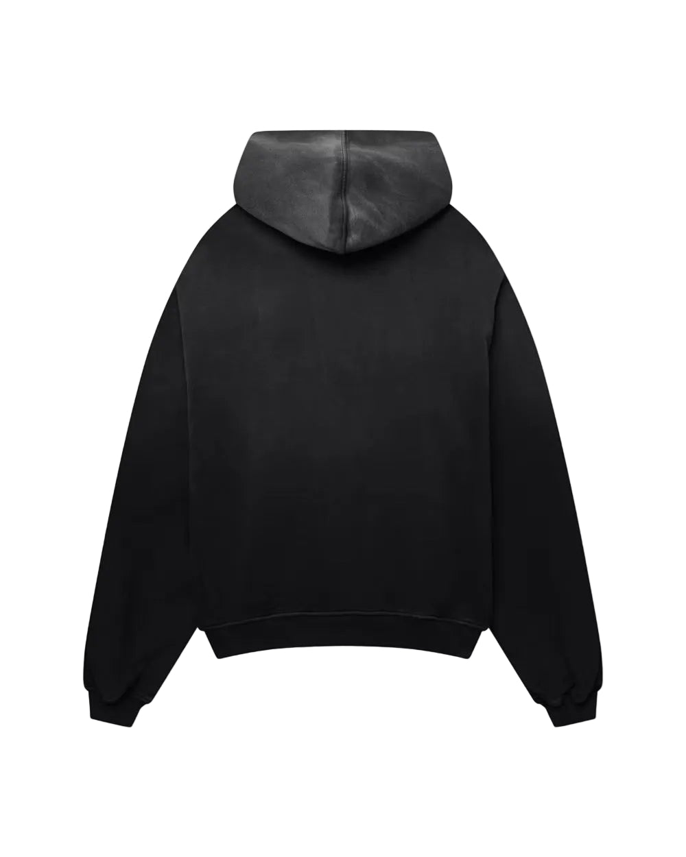 Back view of Kaizen Market Blank Heavyweight Fade Out Black Hoodie