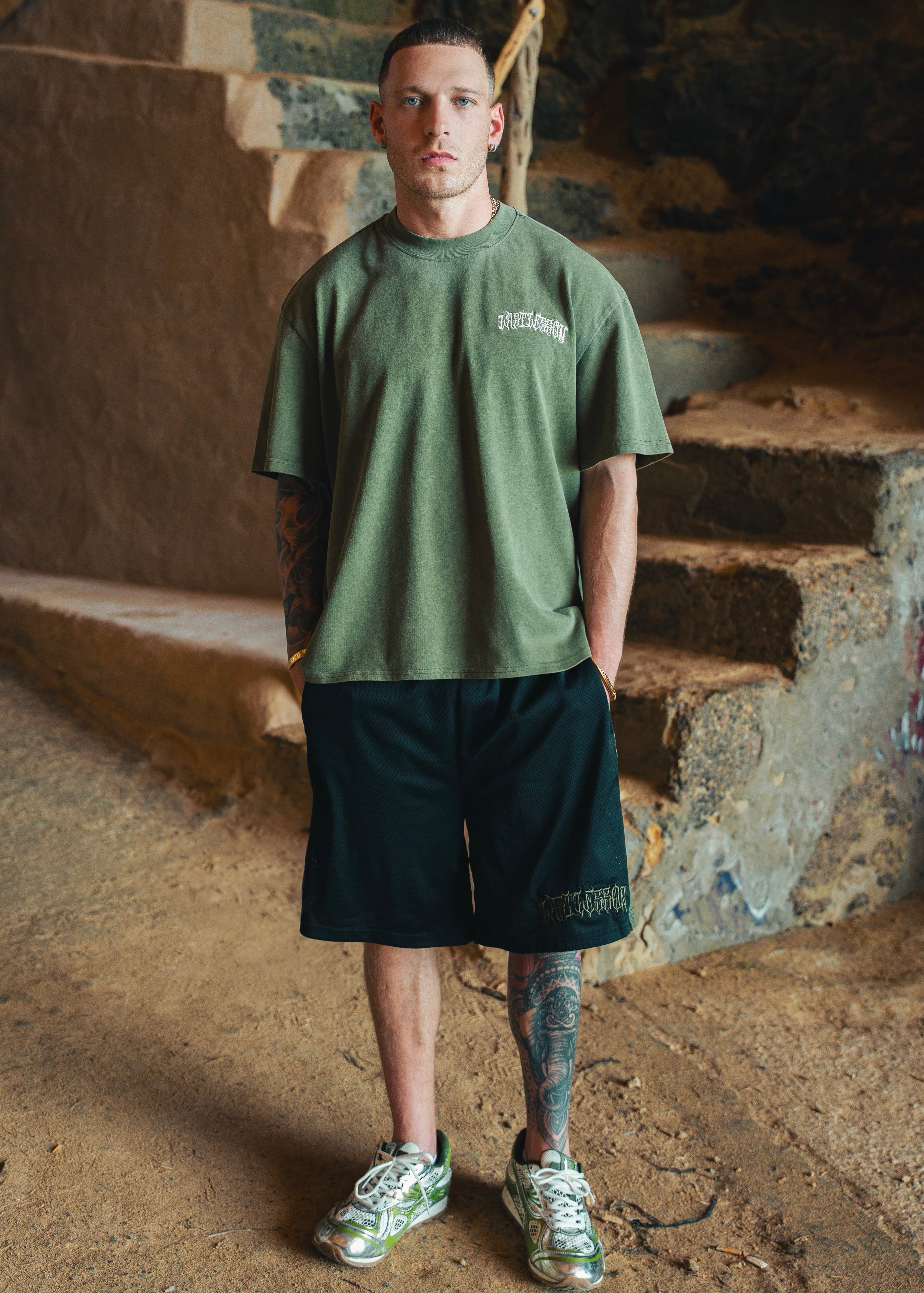 Last Lesson Mesh Black Khaki Shorts