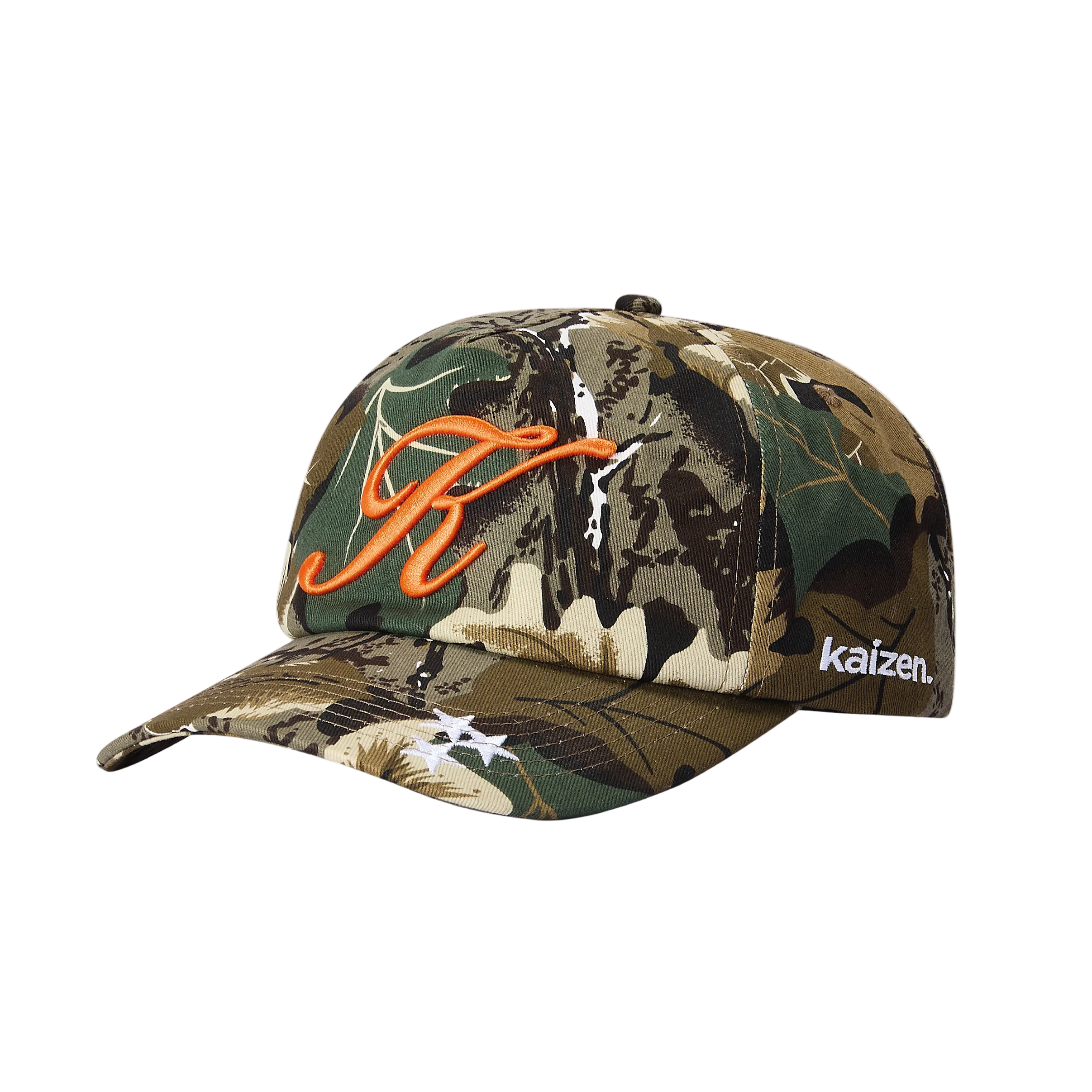 Front view of Kaizen Market Script Camo Cap