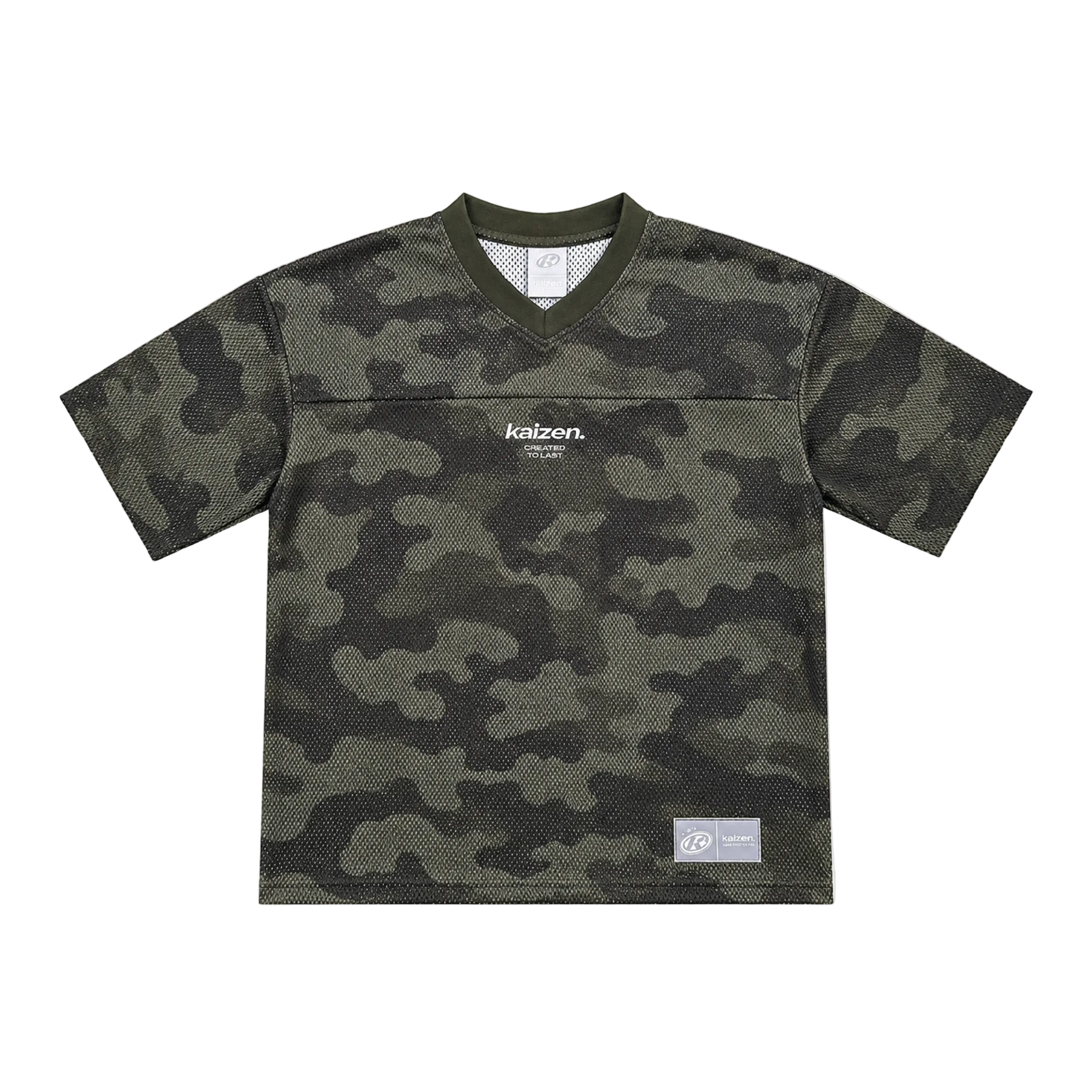 Front view of Kaizen Market Camo Mesh Olive T-shirts
