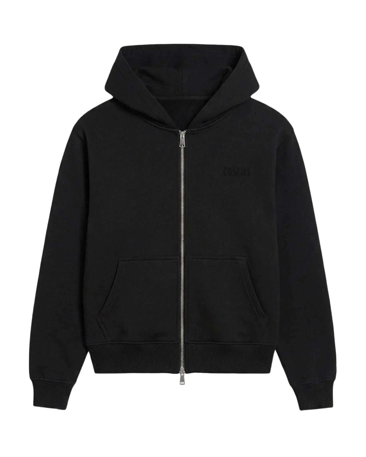 Front View of Coszus Embroidered Black Zip-Up Hoodie