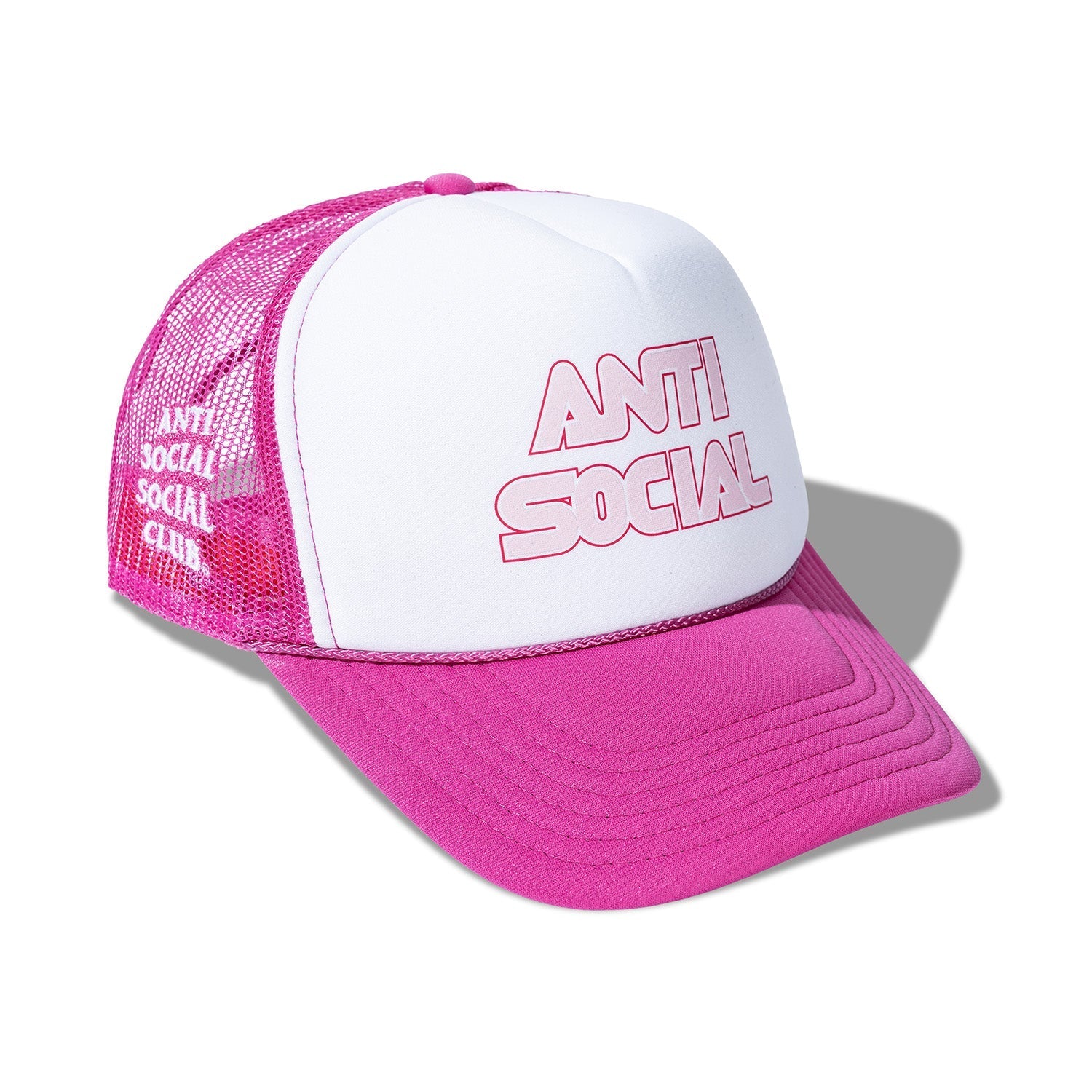 Side view of Antisocialsocialclub.co.uk Racing Trucker Pink Caps & Hats