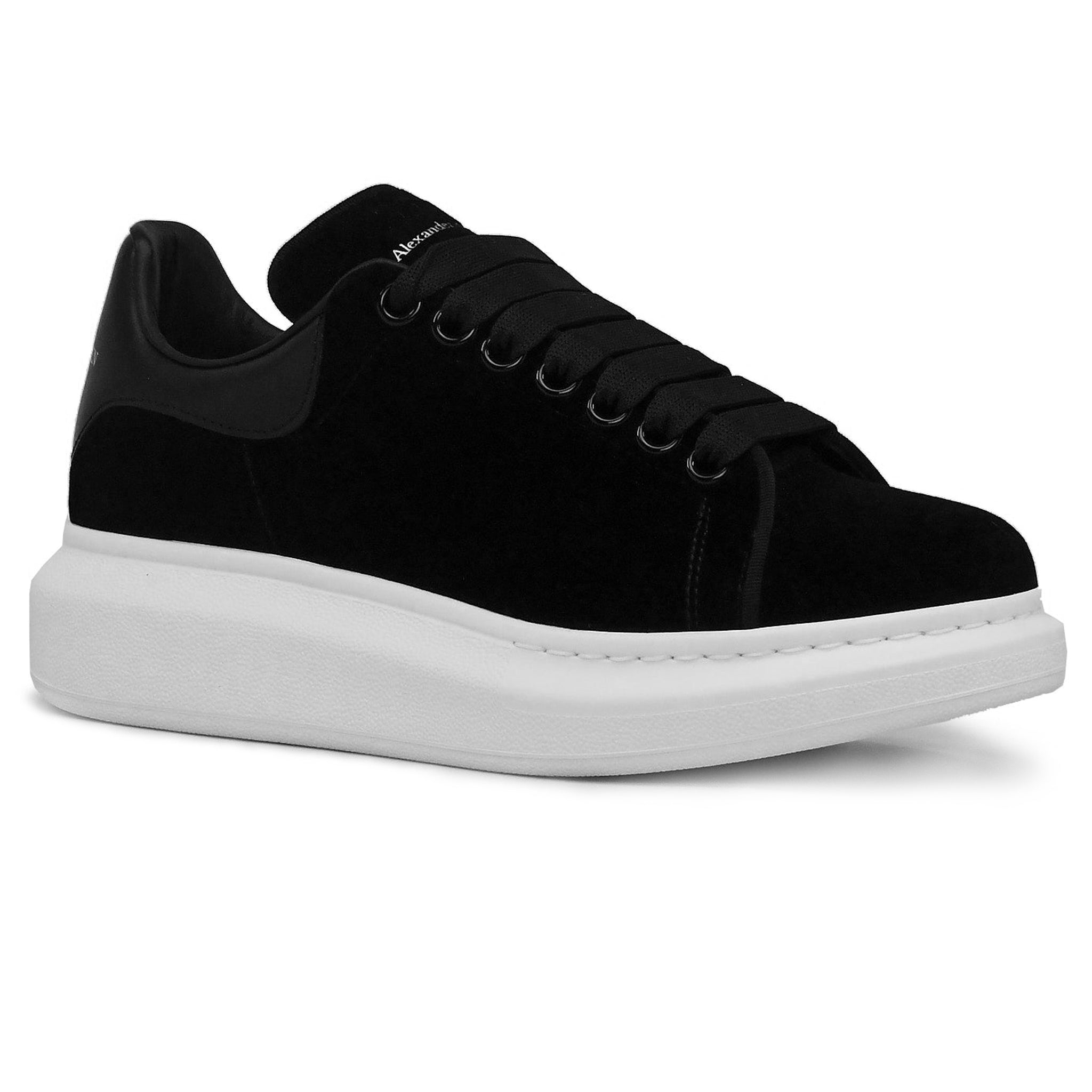 Front side view of Alexander Mcqueen Raised Sole Black Velvet Trainers