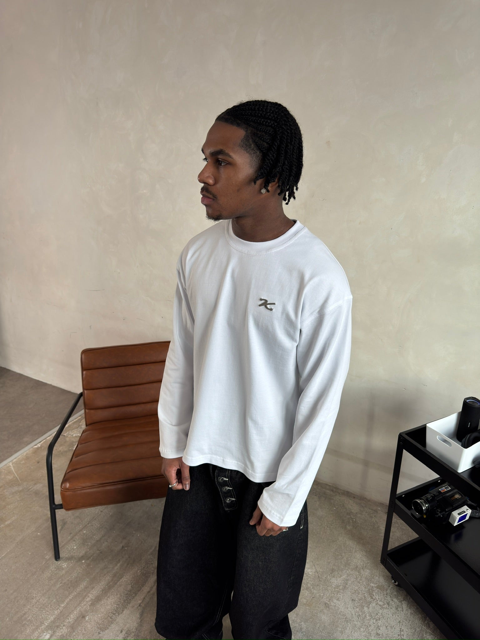 Model view of Kaizen Market Everyday White L/S T-shirt