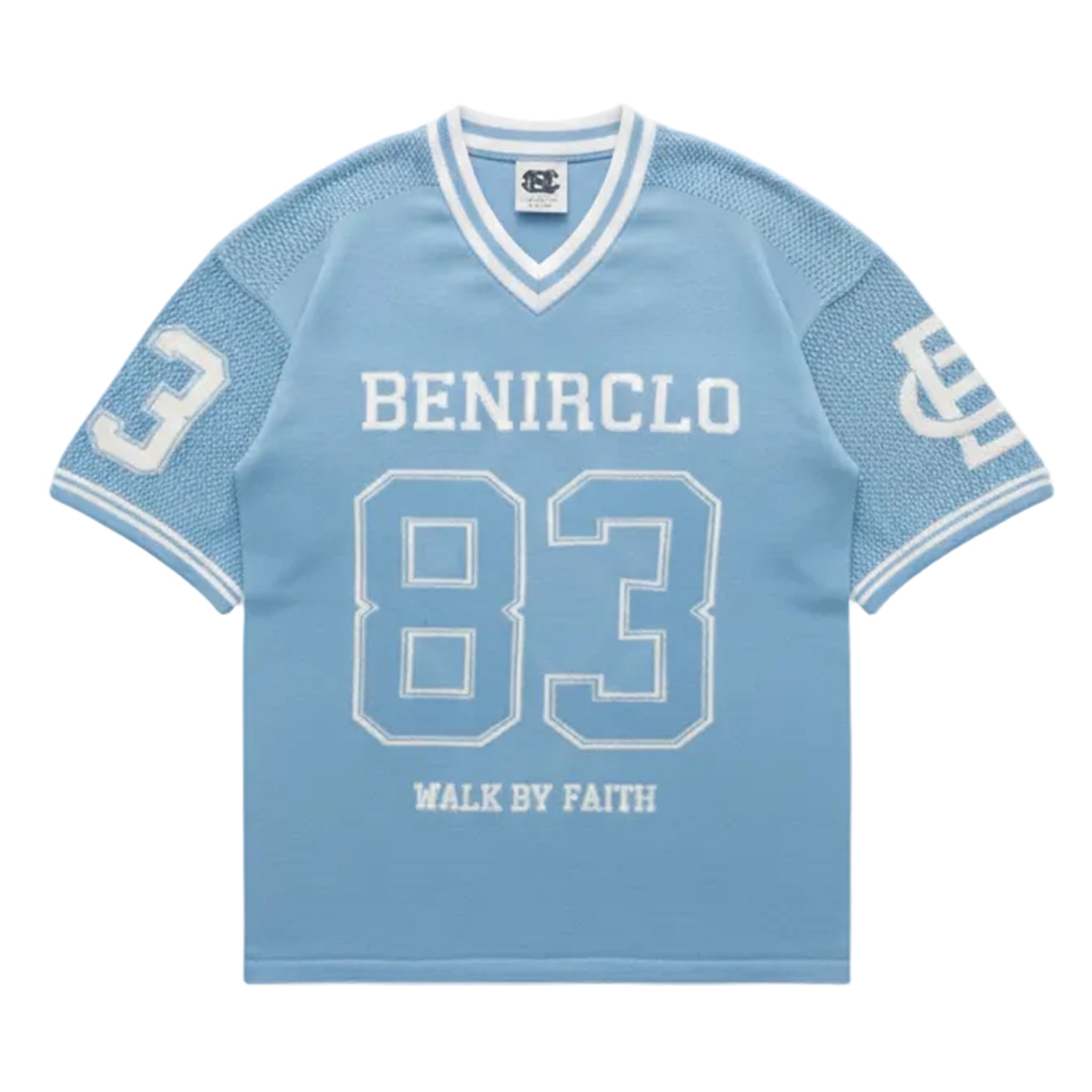 Front view of Benir Clothing God's Timing 83 Knit Light Blue T-shirts