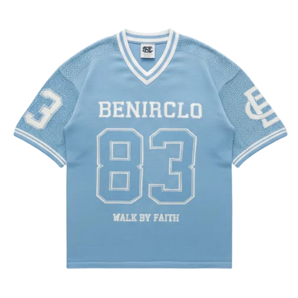 Front view of Benir Clothing God's Timing 83 Knit Light Blue T-shirts