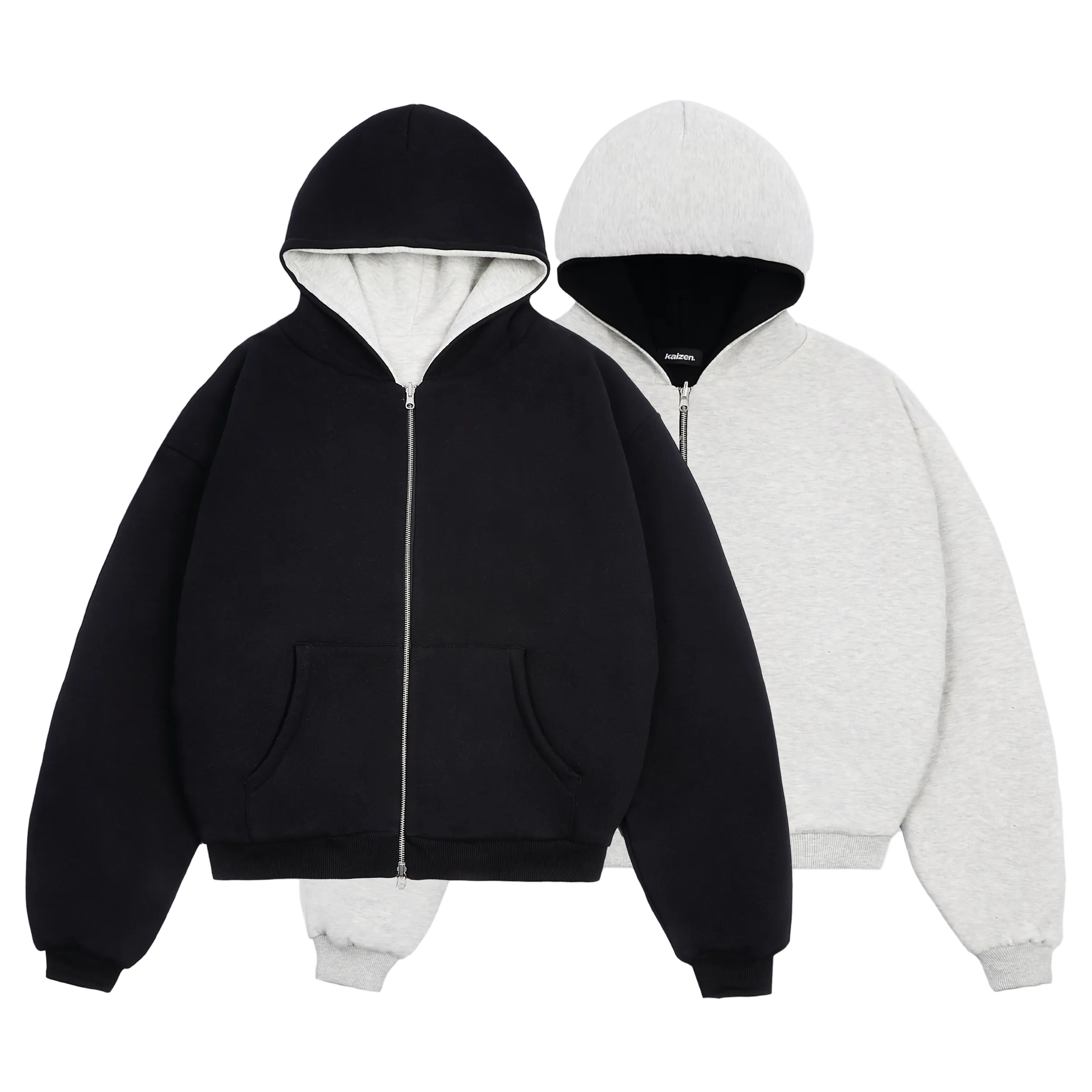 Front view of Kaizen Market Reversible ZIP Grey Black Hoodie