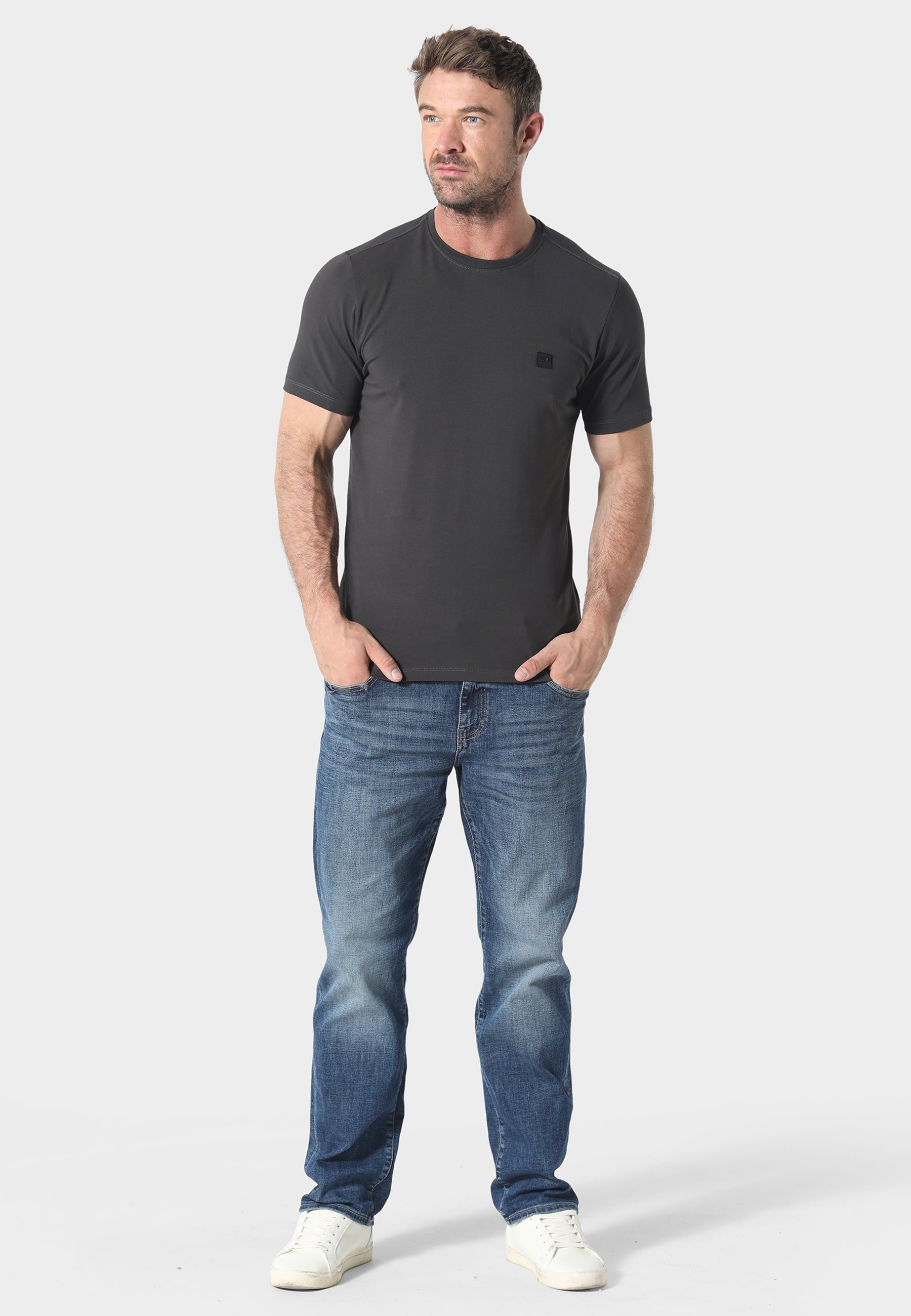 Model Front View of 883 Police Dover Dusty Grey T-Shirt