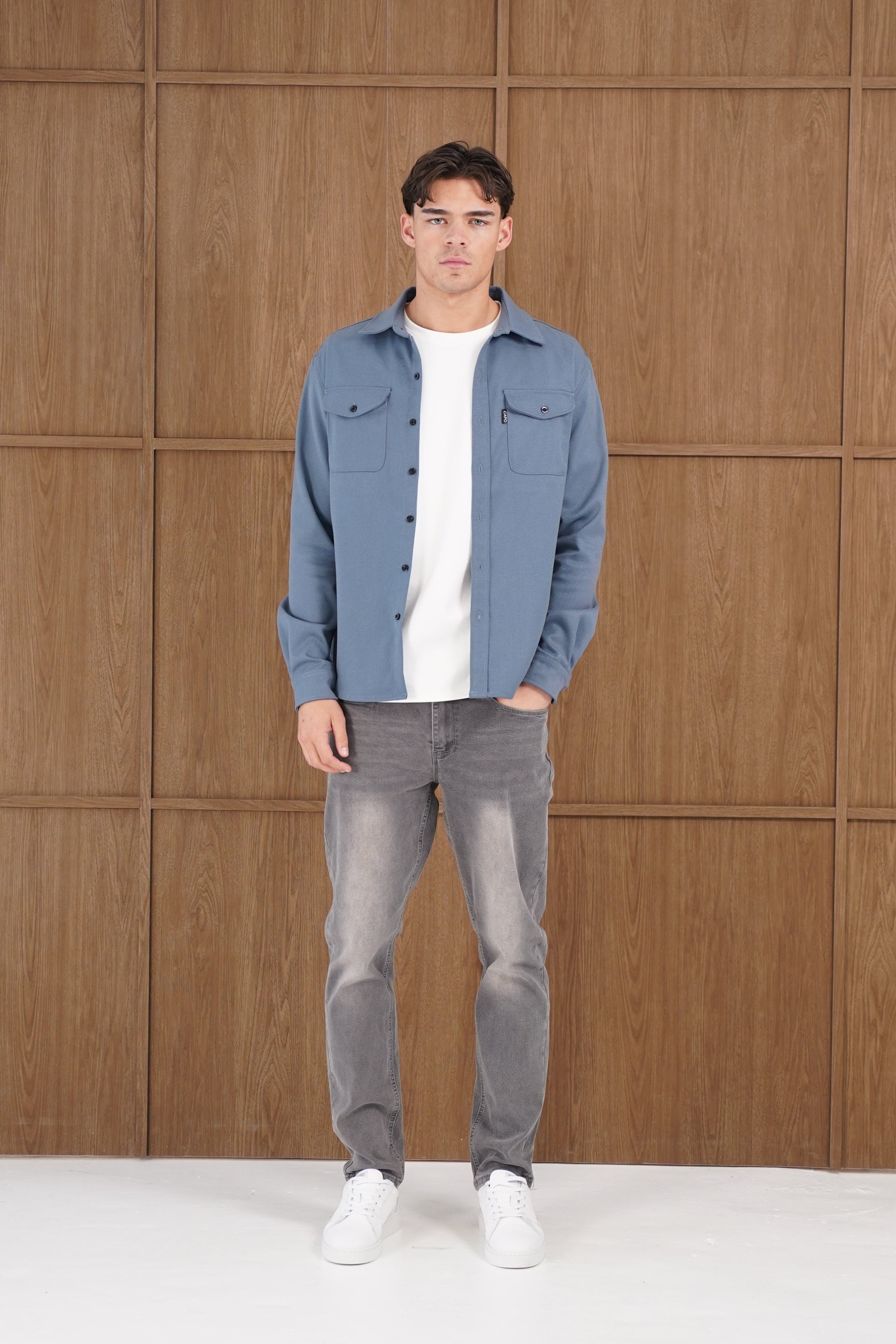 Model view of CAPO Steel Blue Overshirt