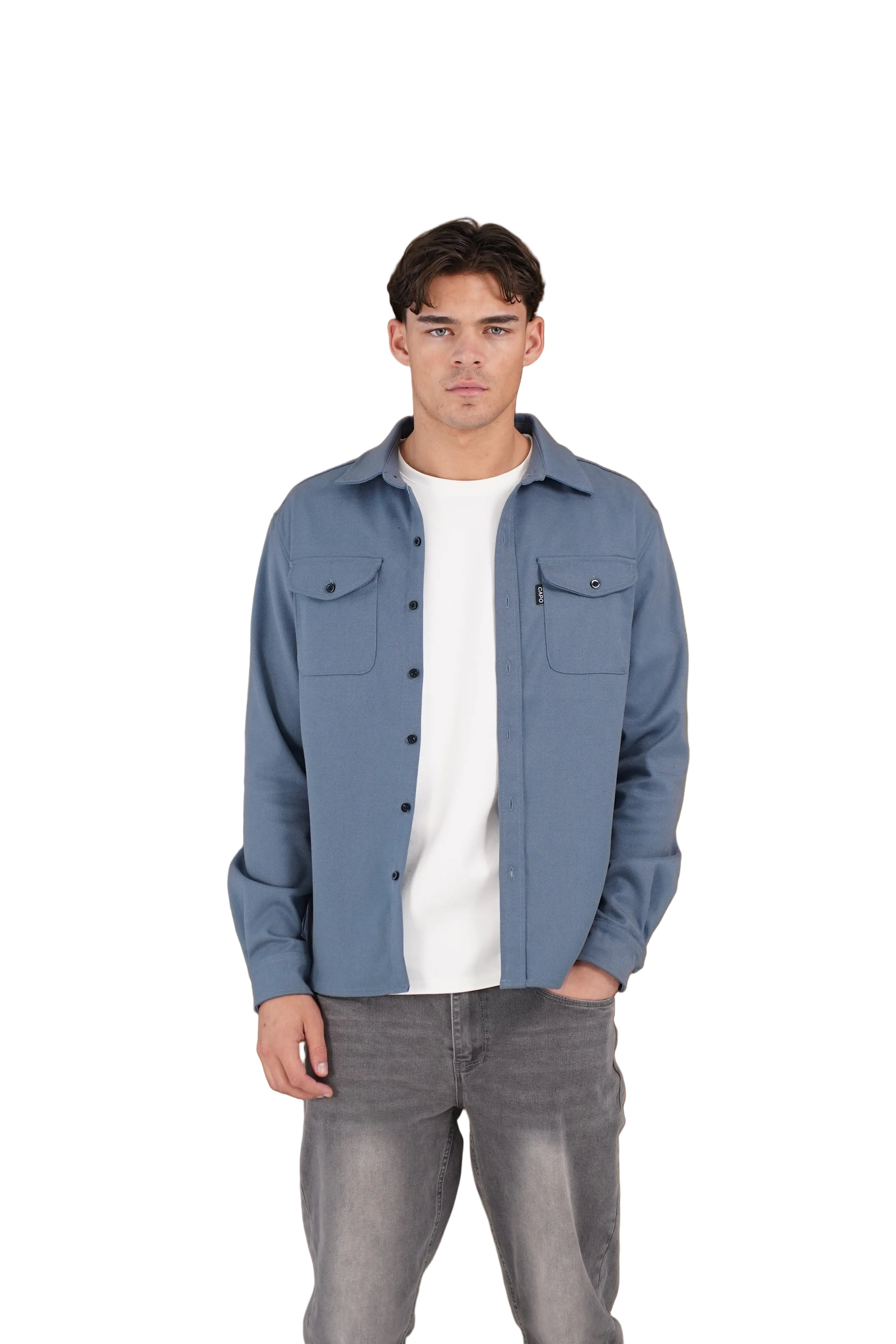 Front view of CAPO Steel Blue Overshirt