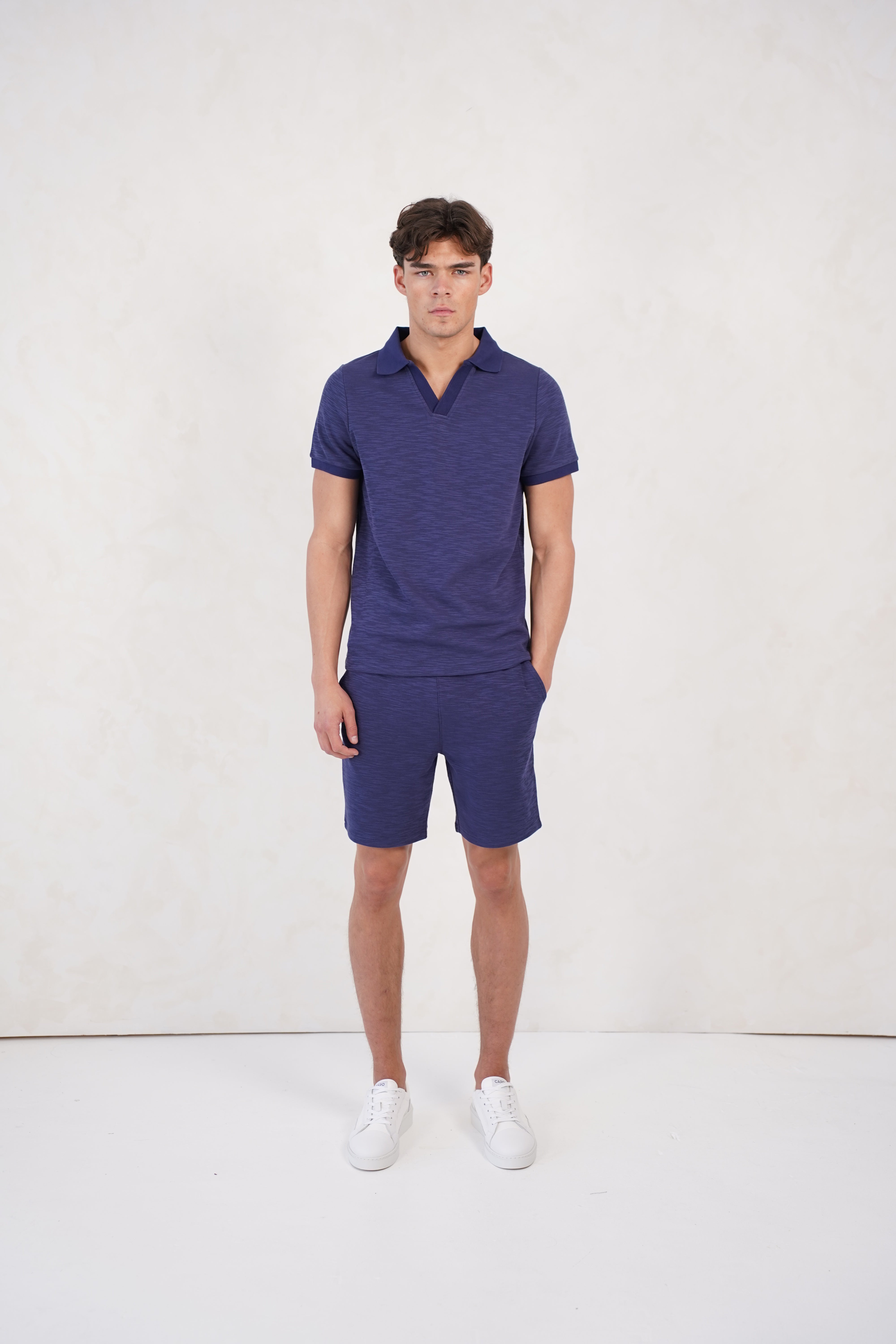 Model view of CAPO Jersey Slub Navy Shorts