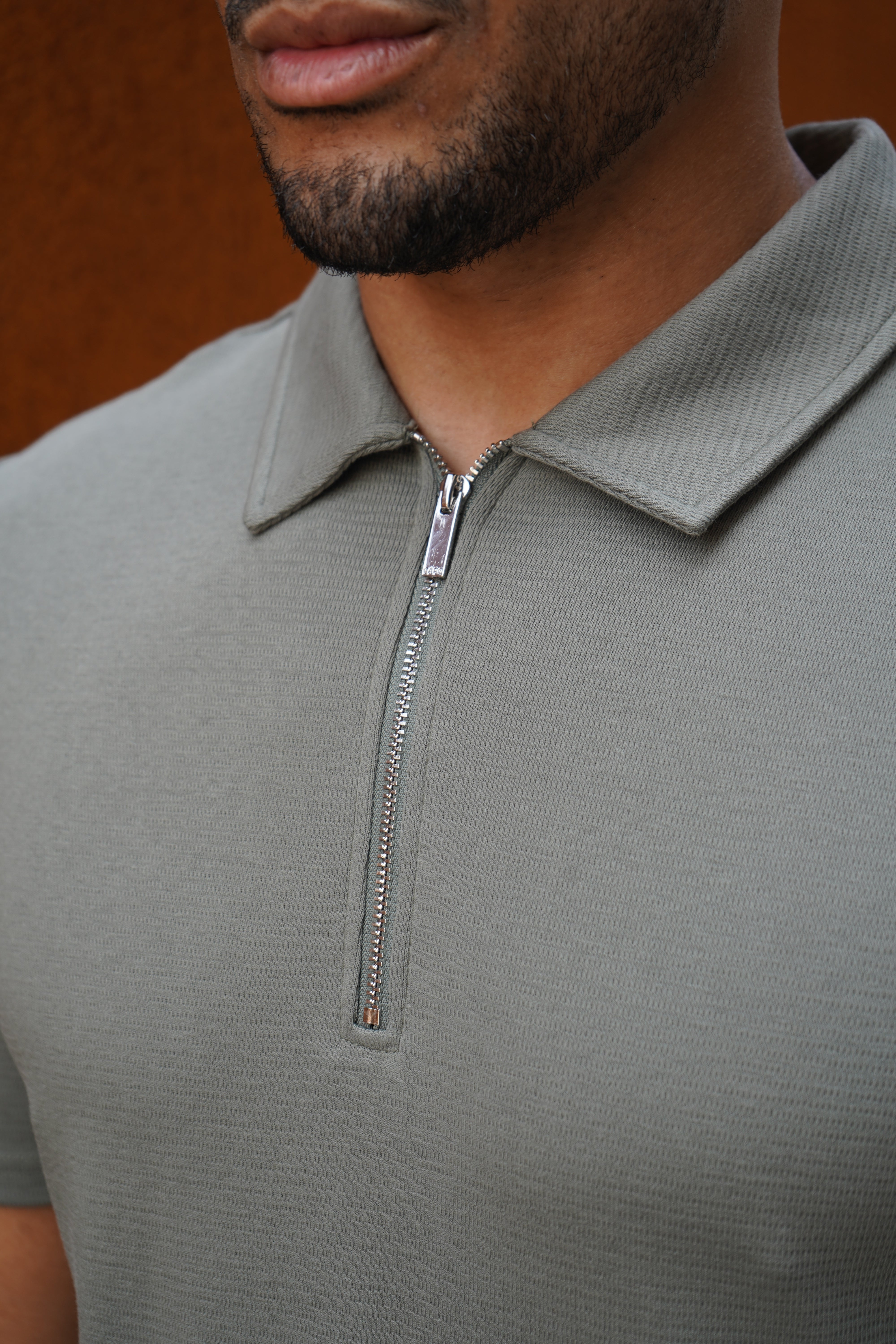CAPO Textured Light Olive Polo Zip-Up Shirt