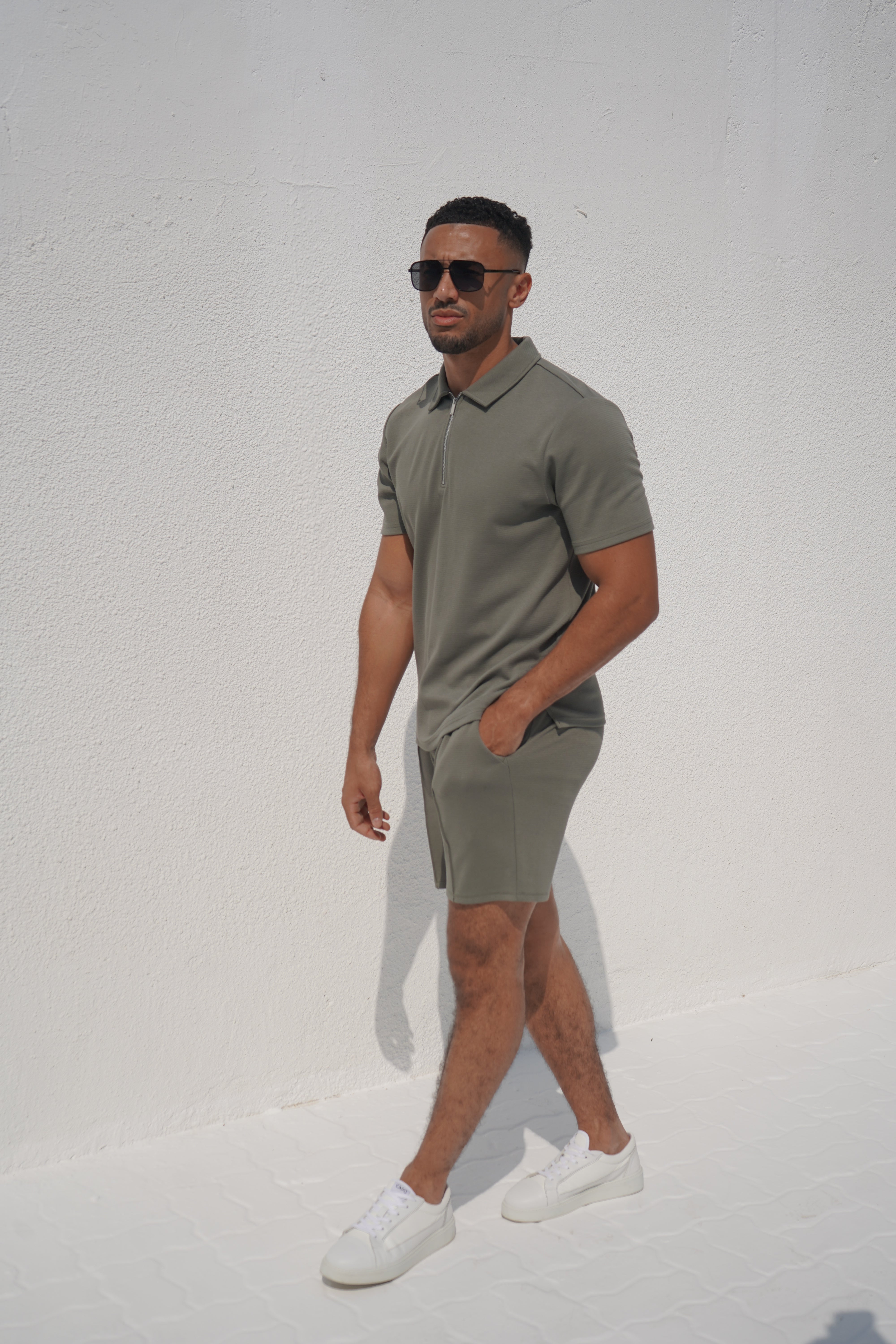 CAPO Textured Light Olive Polo Zip-Up Shirt