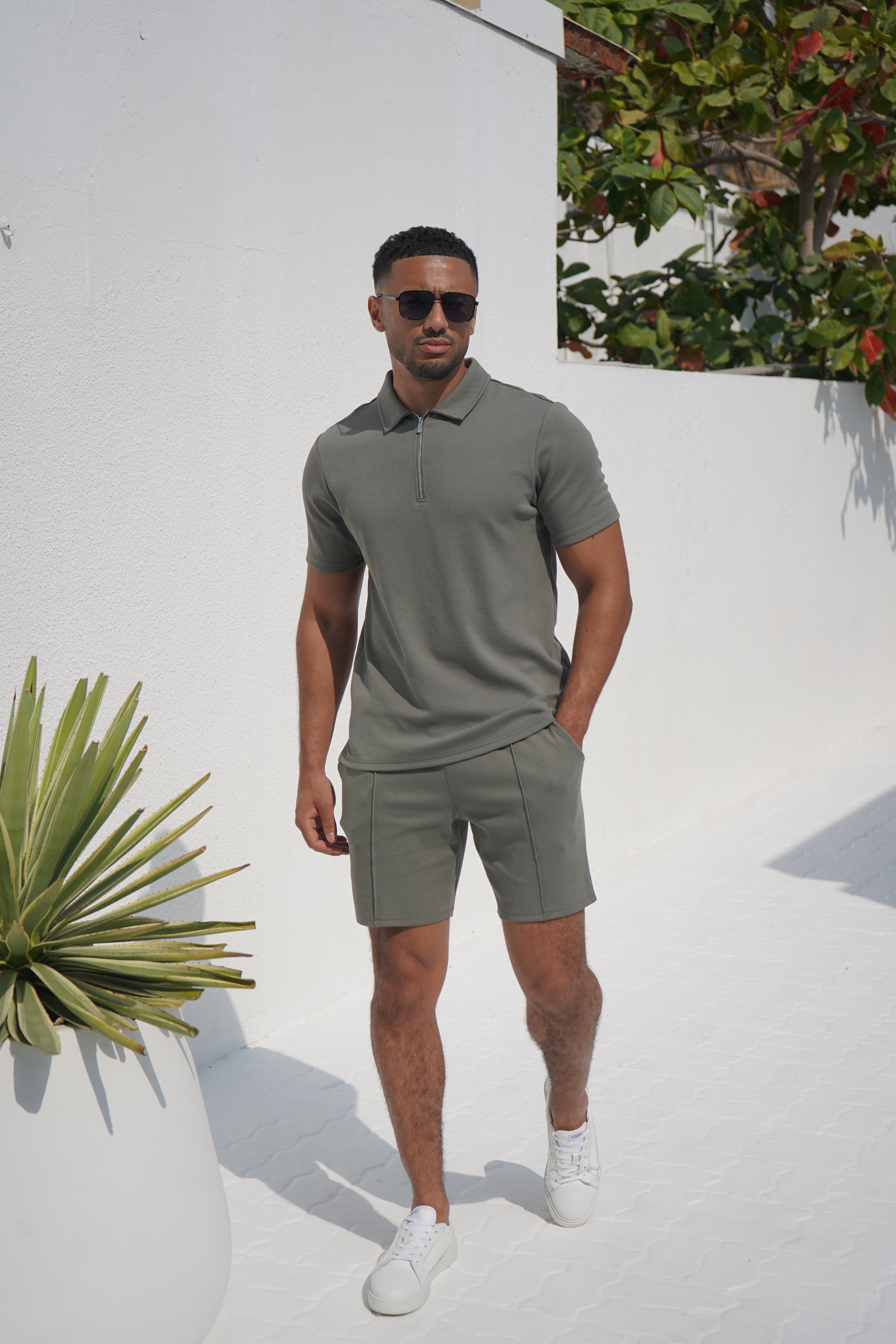 CAPO Textured Light Olive Polo Zip-Up Shirt