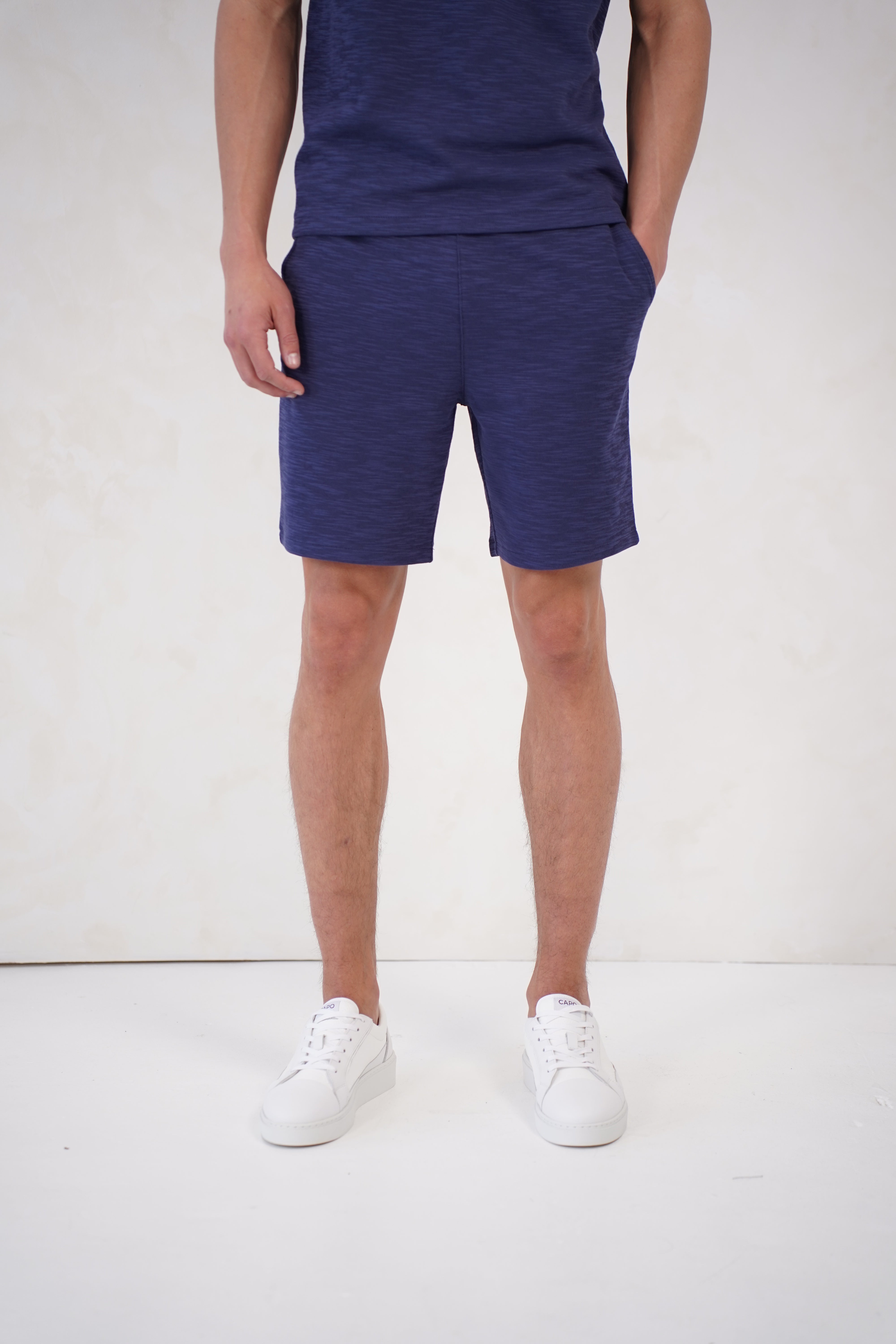 Front view of CAPO Jersey Slub Navy Shorts