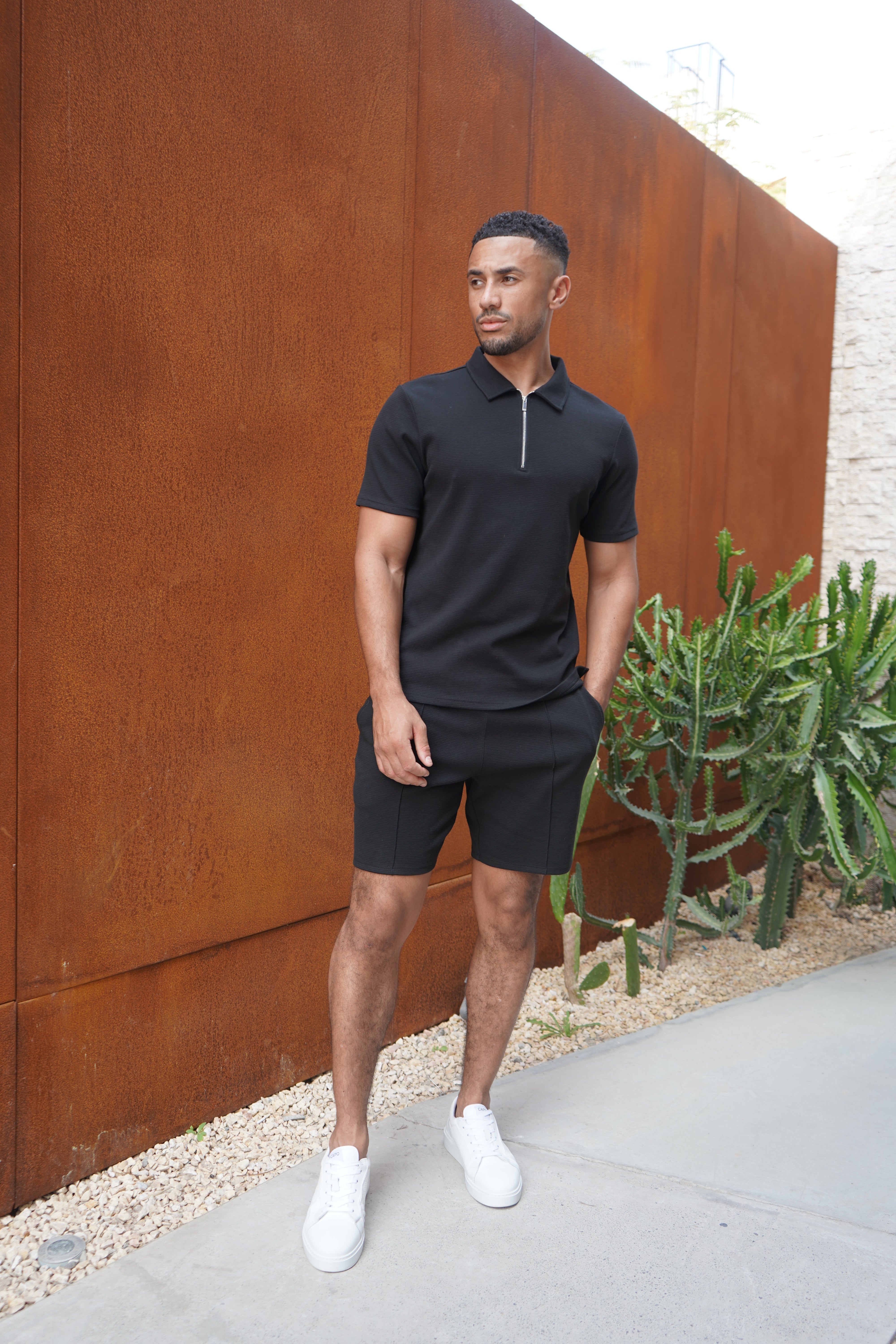 CAPO Textured Black Zip-Up Polo Shirt