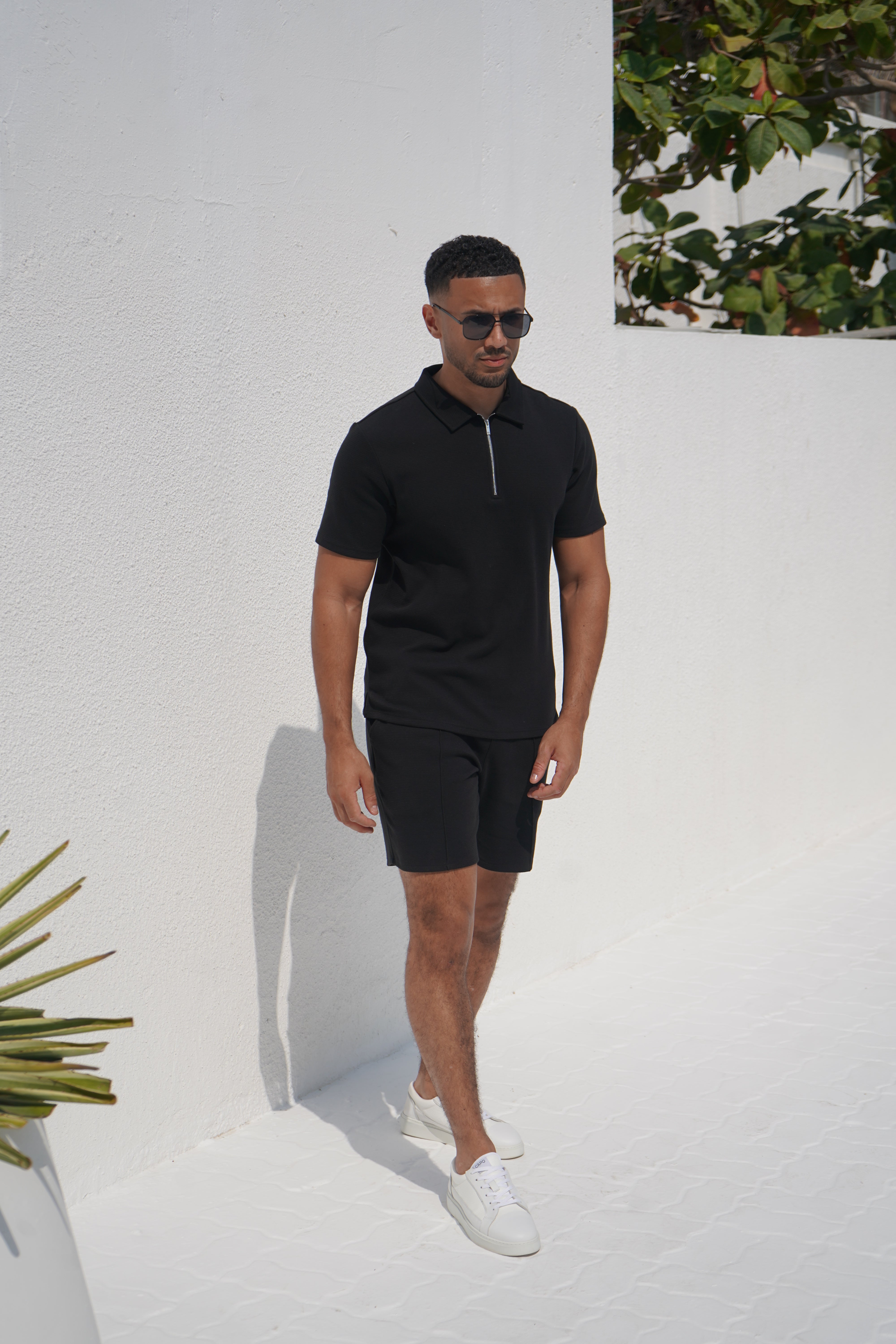 CAPO Textured Black Zip-Up Polo Shirt