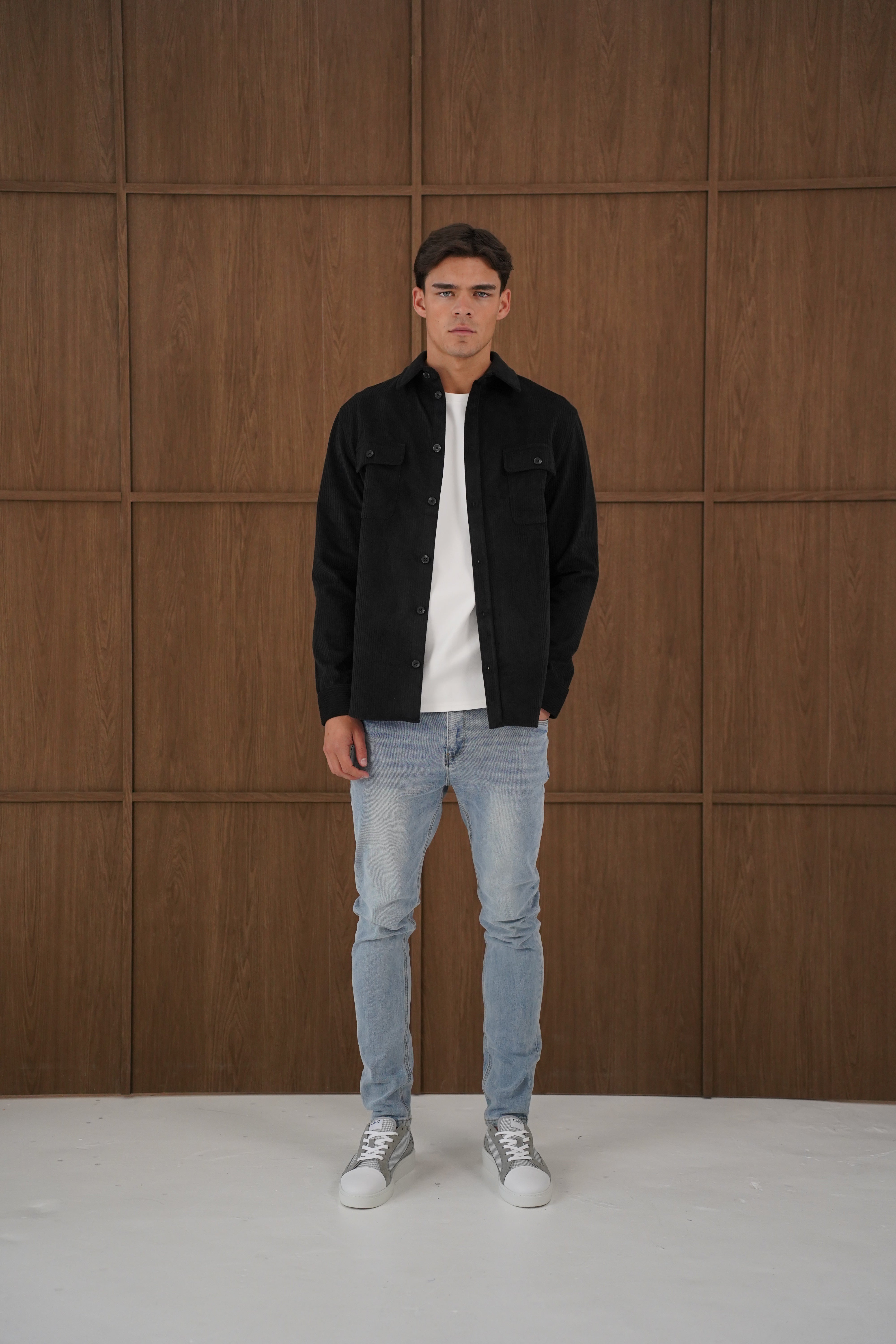 Model view of CAPO Corduroy Black Overshirt