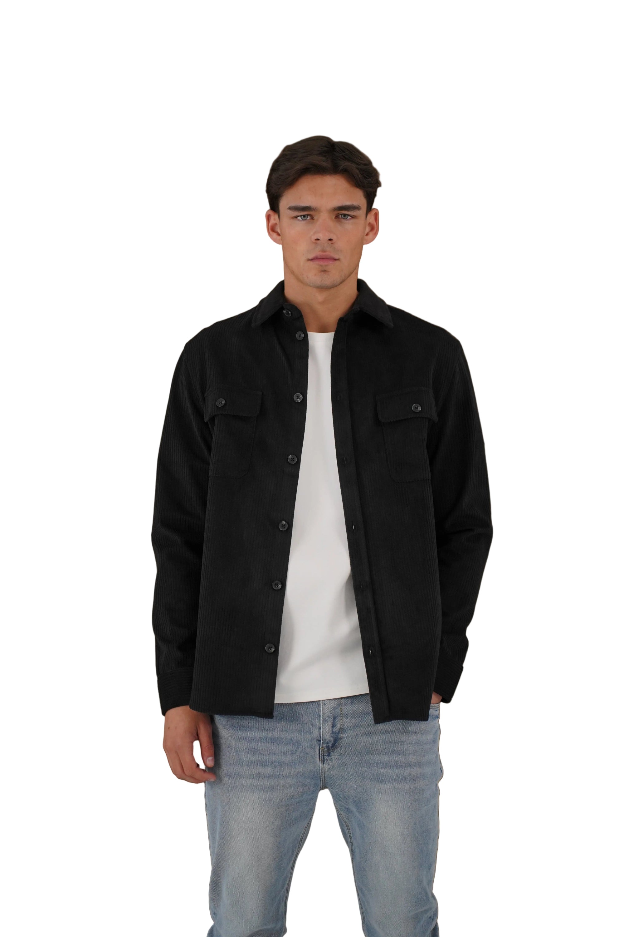Front view of CAPO Corduroy Black Overshirt