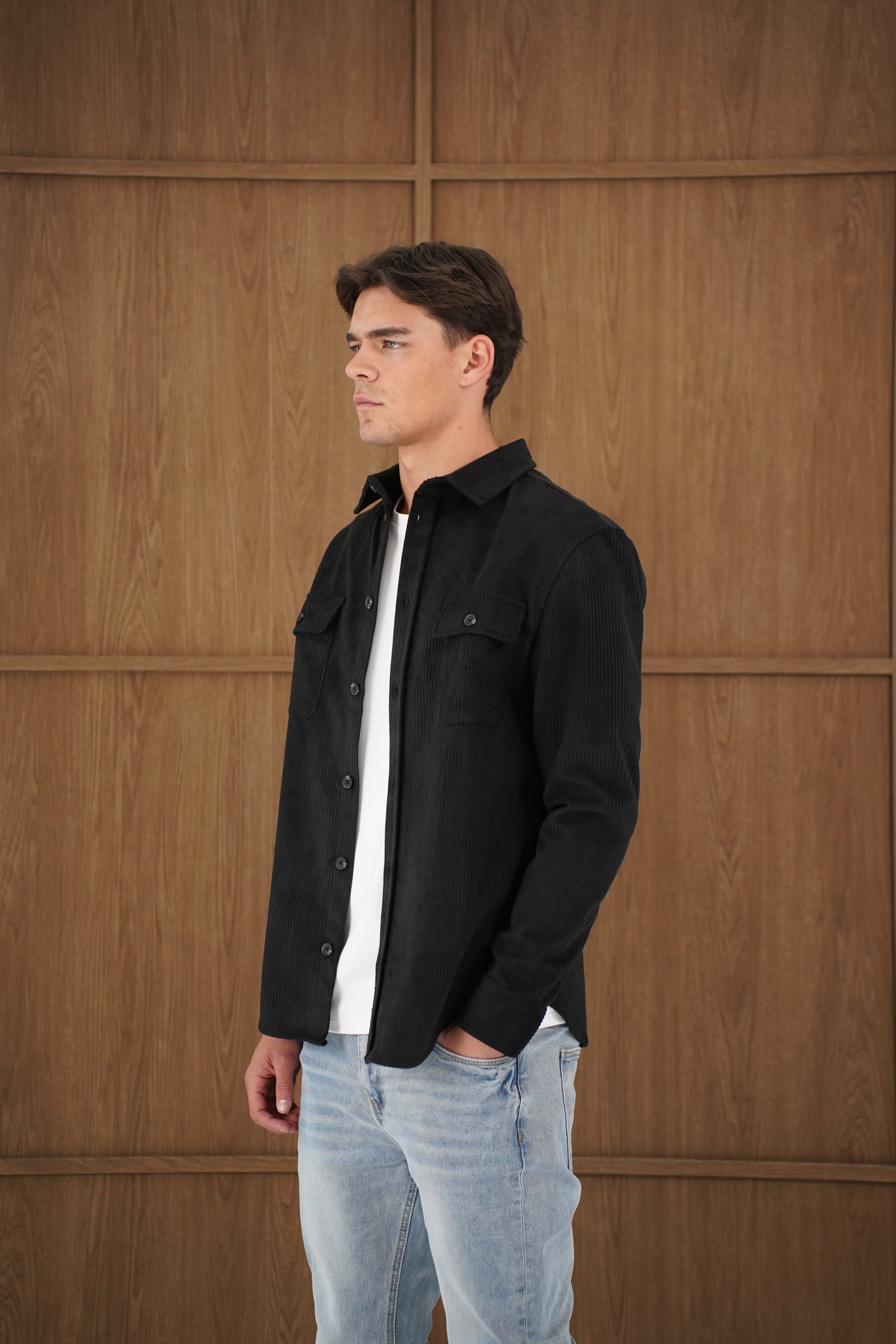 model side view of CAPO Corduroy Black Overshirt