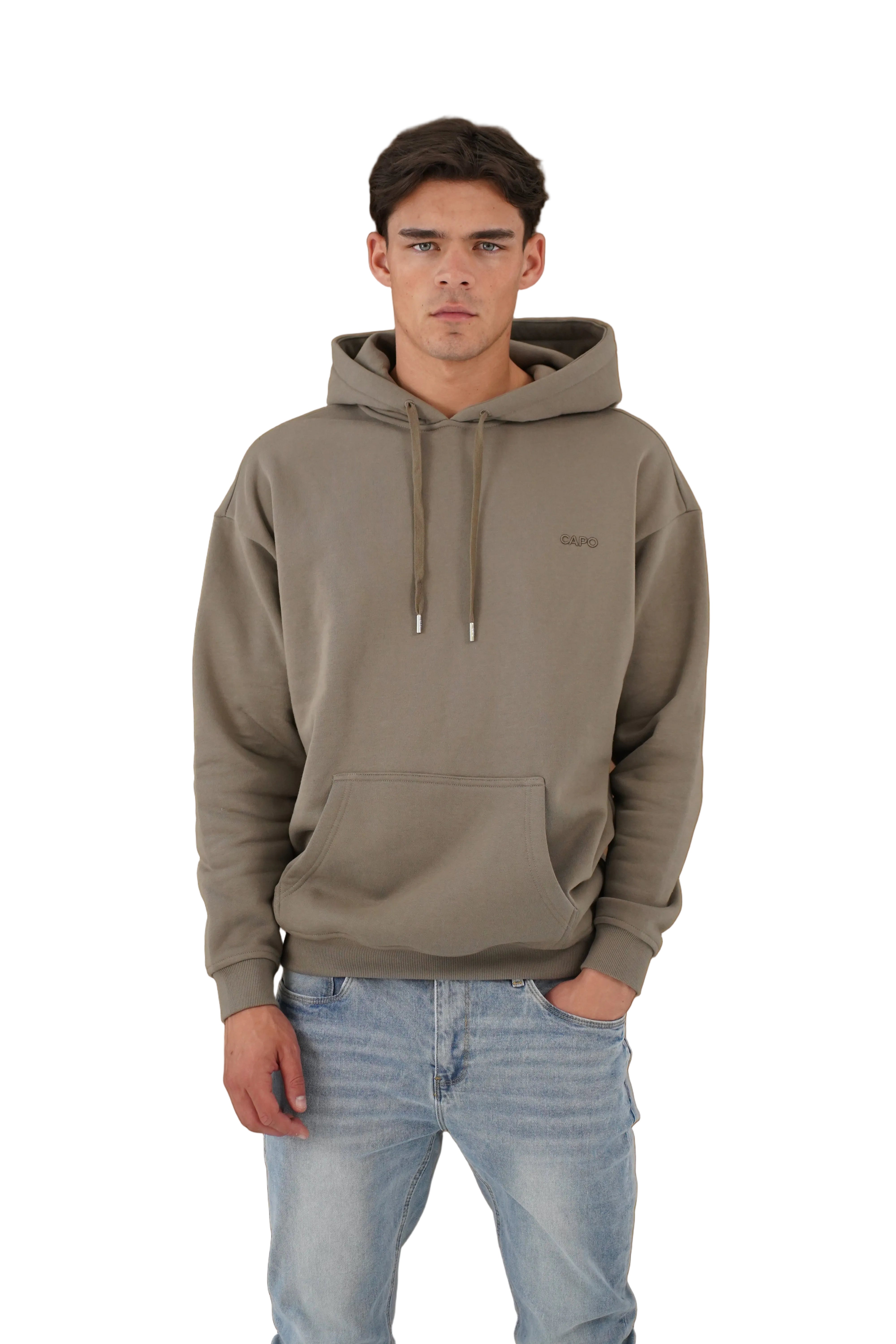Front view of CAPO Tracksuit Overhead Olive Hoodie