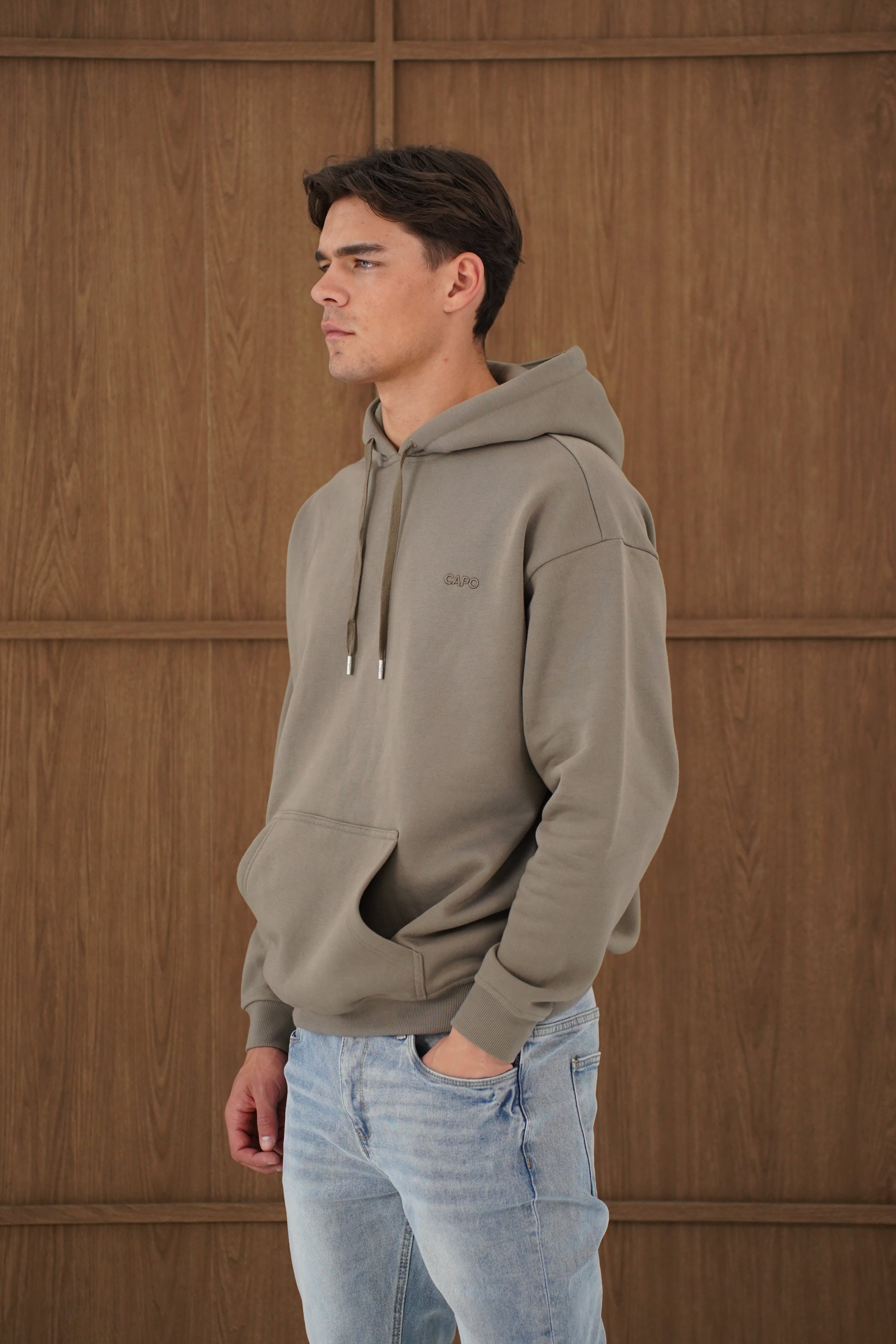 Side view of CAPO Tracksuit Overhead Olive Hoodie