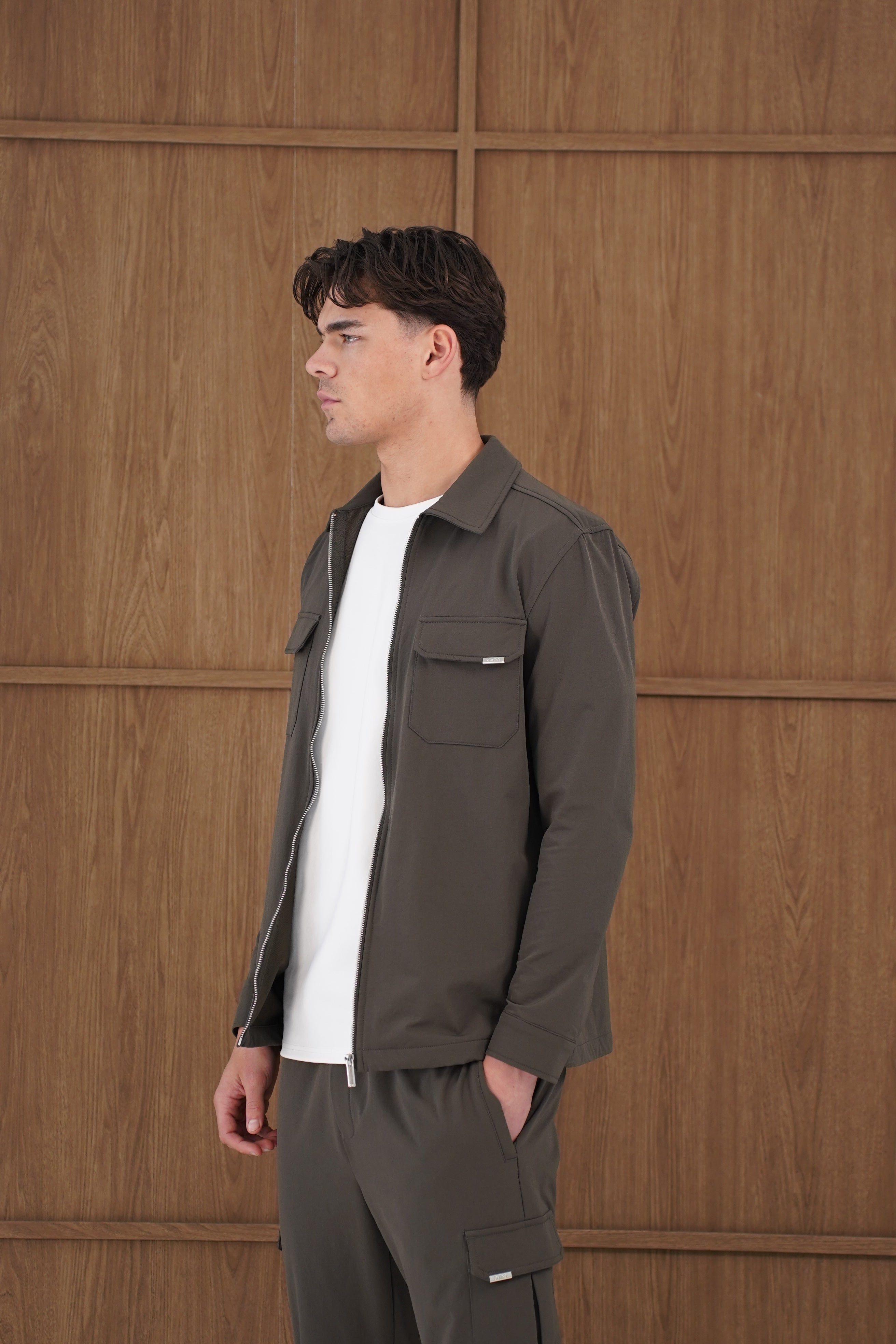 Model side view of CAPO Utility Khaki Overshirt