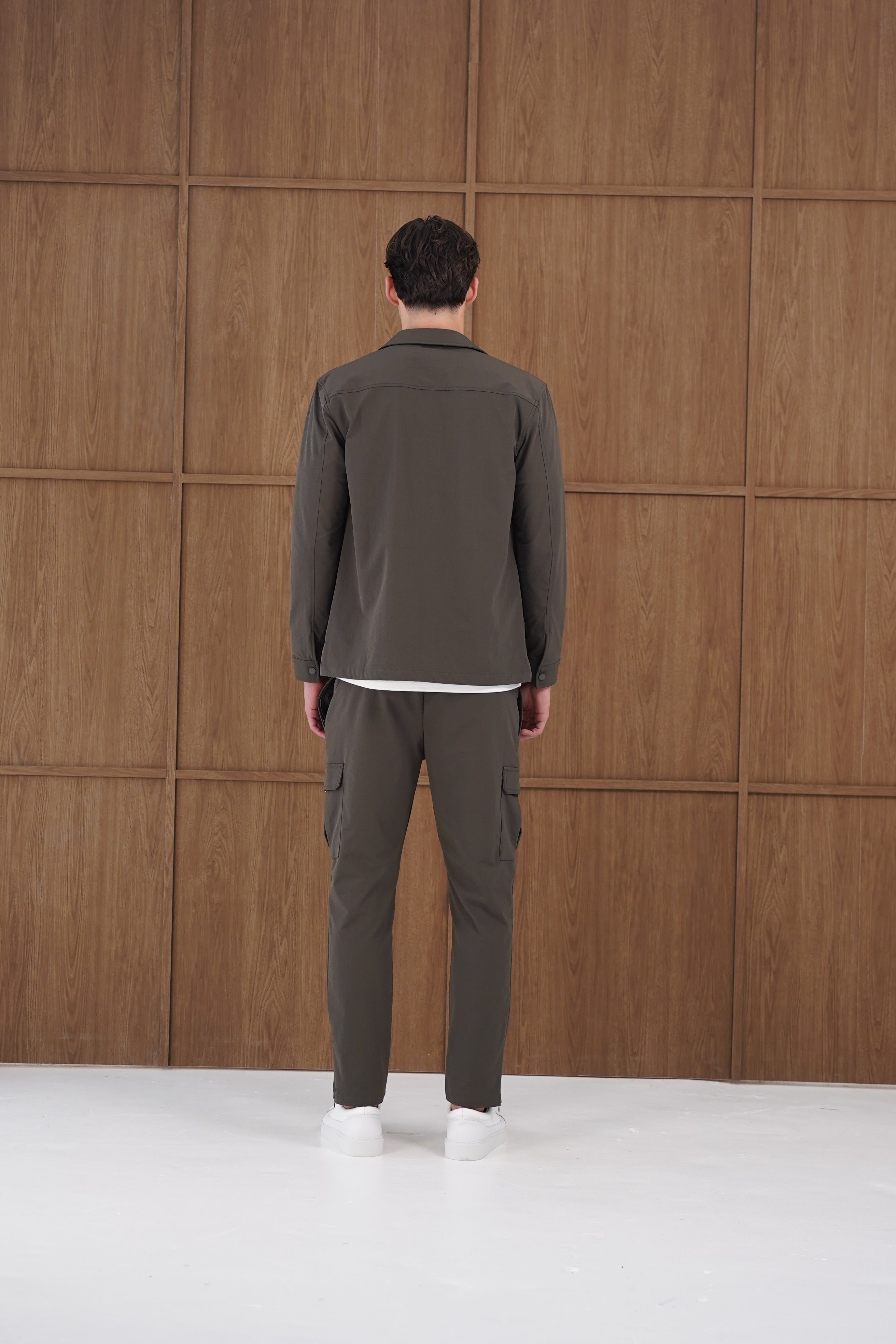 Model back view of CAPO Utility Khaki Overshirt