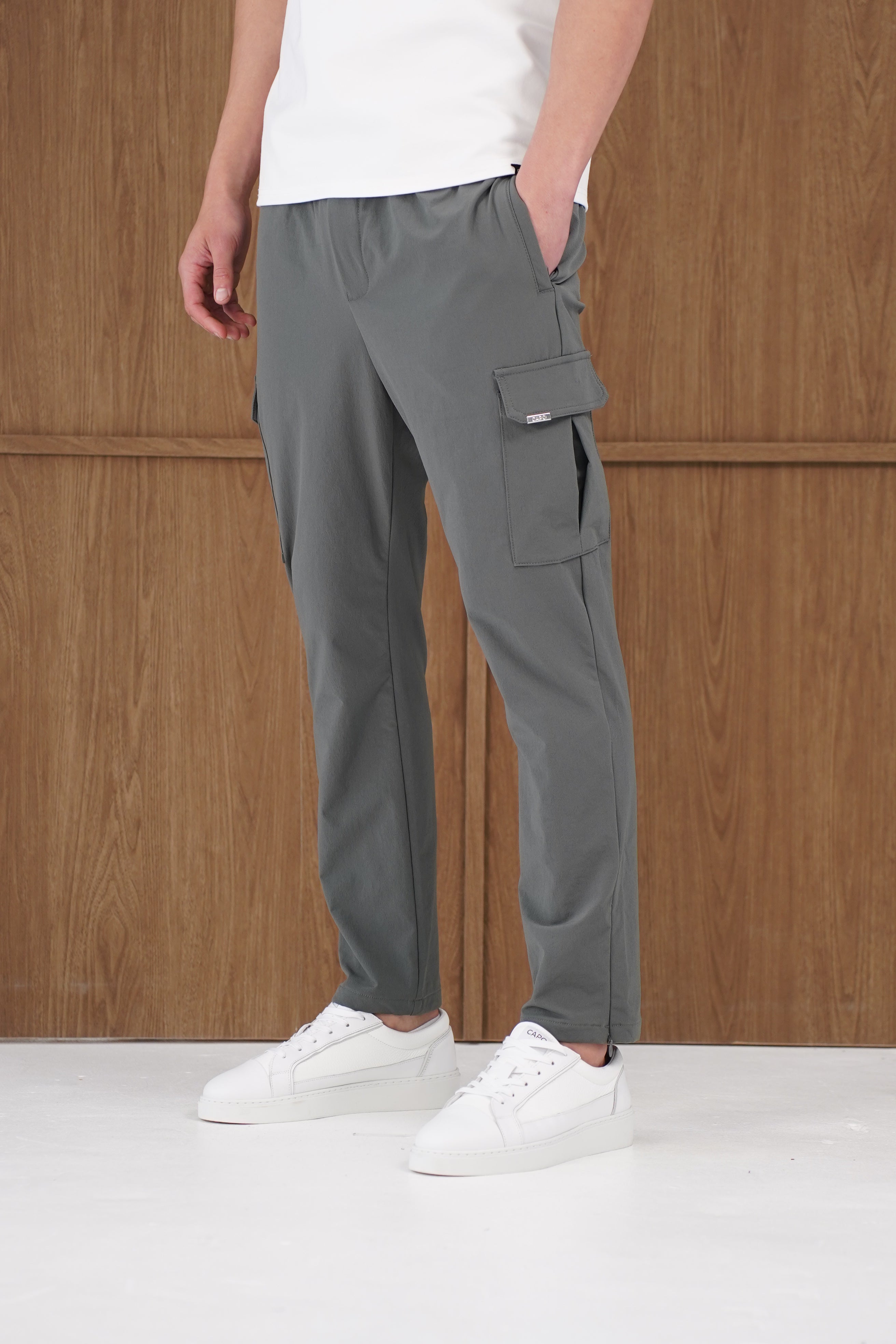 Side view of CAPO Utility Regular Charcoal Cargo Pants