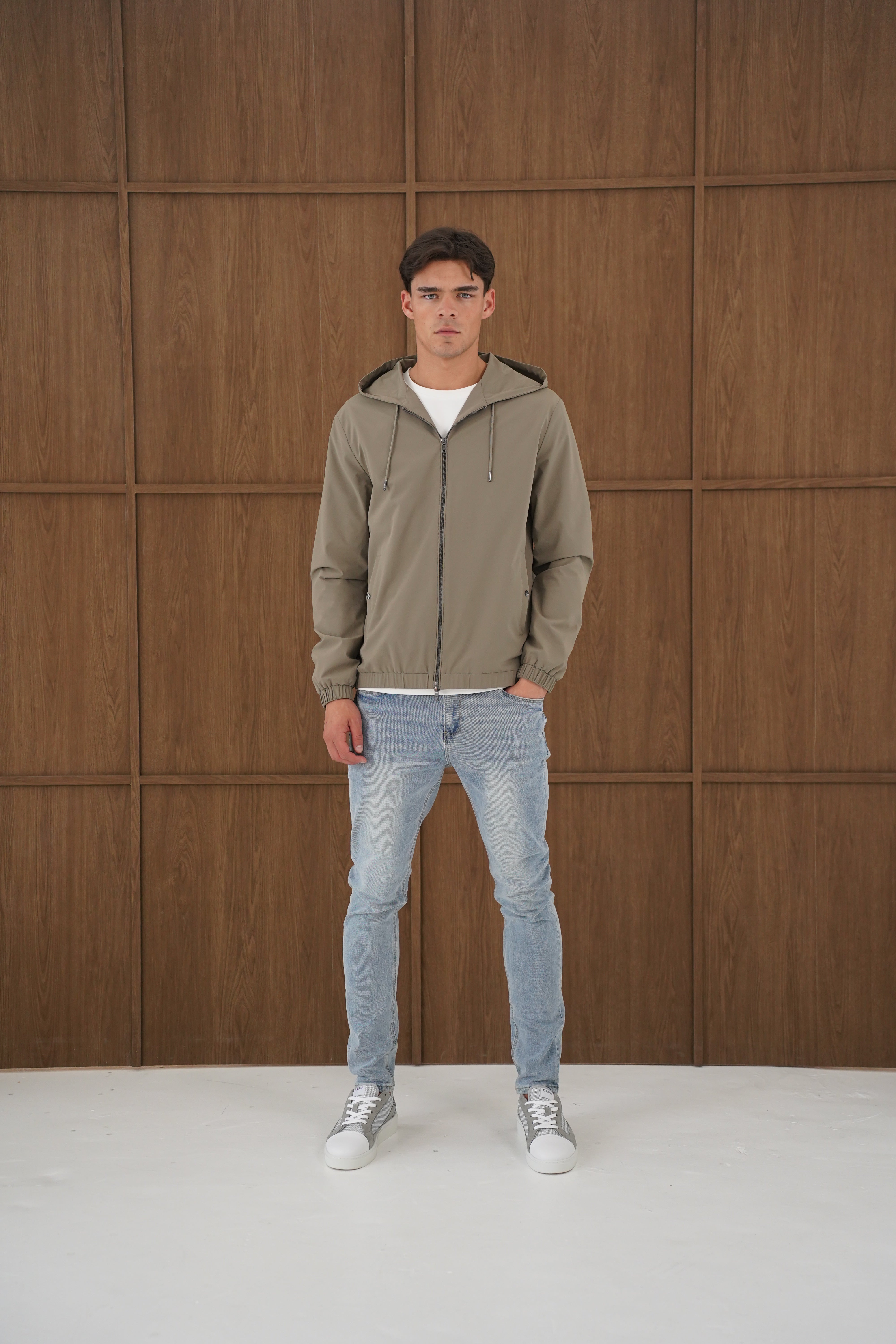 Model view of CAPO Lightweight Shell Olive Jacket