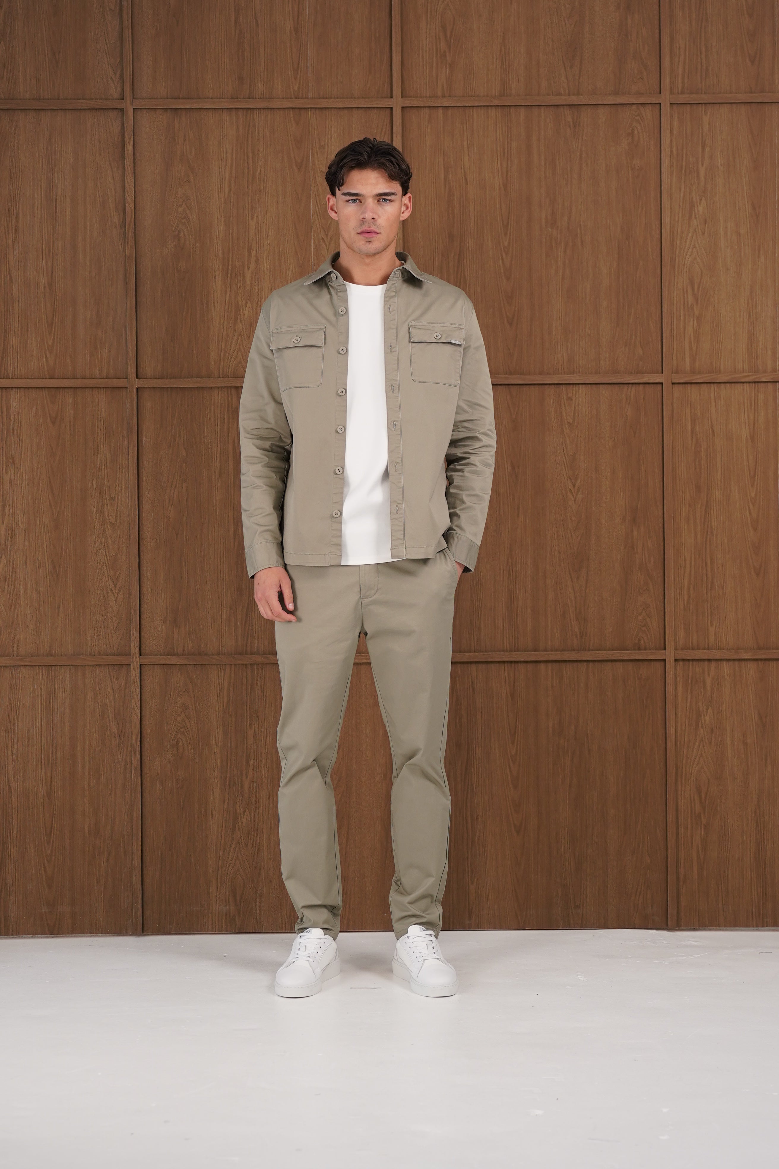 Model view of CAPO Cotton Cargo Olive Overshirt