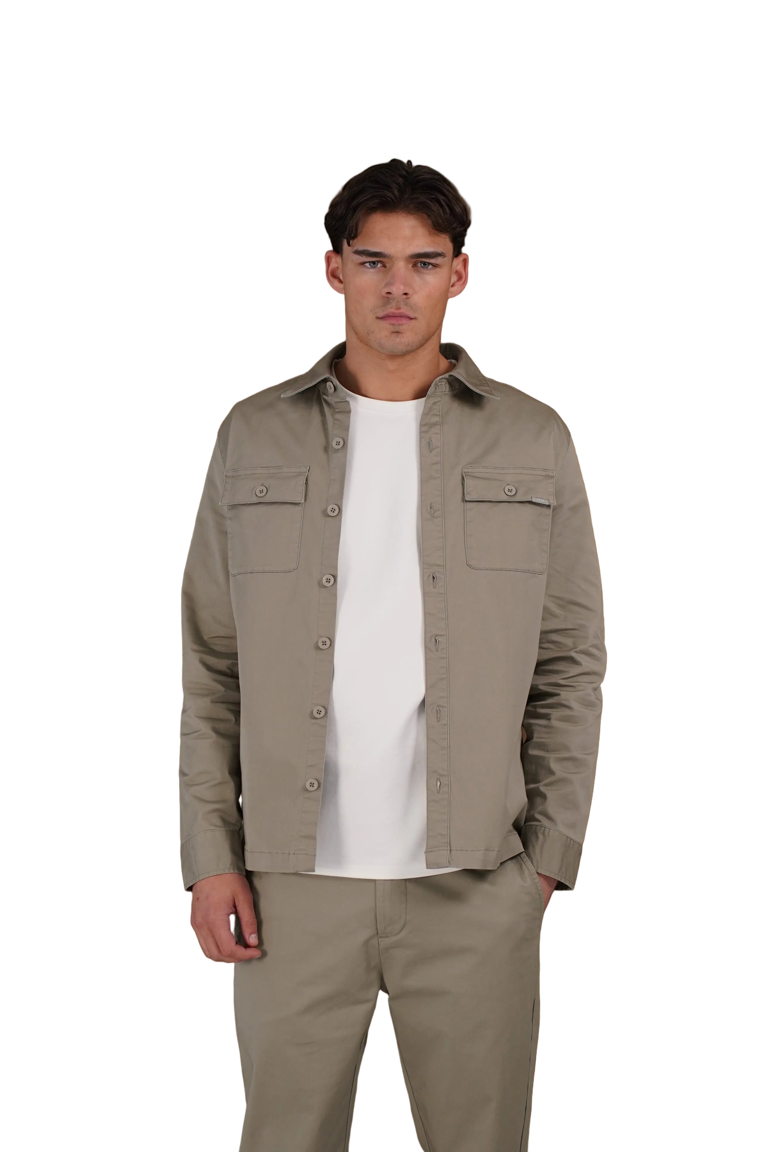 Front view of CAPO Cotton Cargo Olive Overshirt