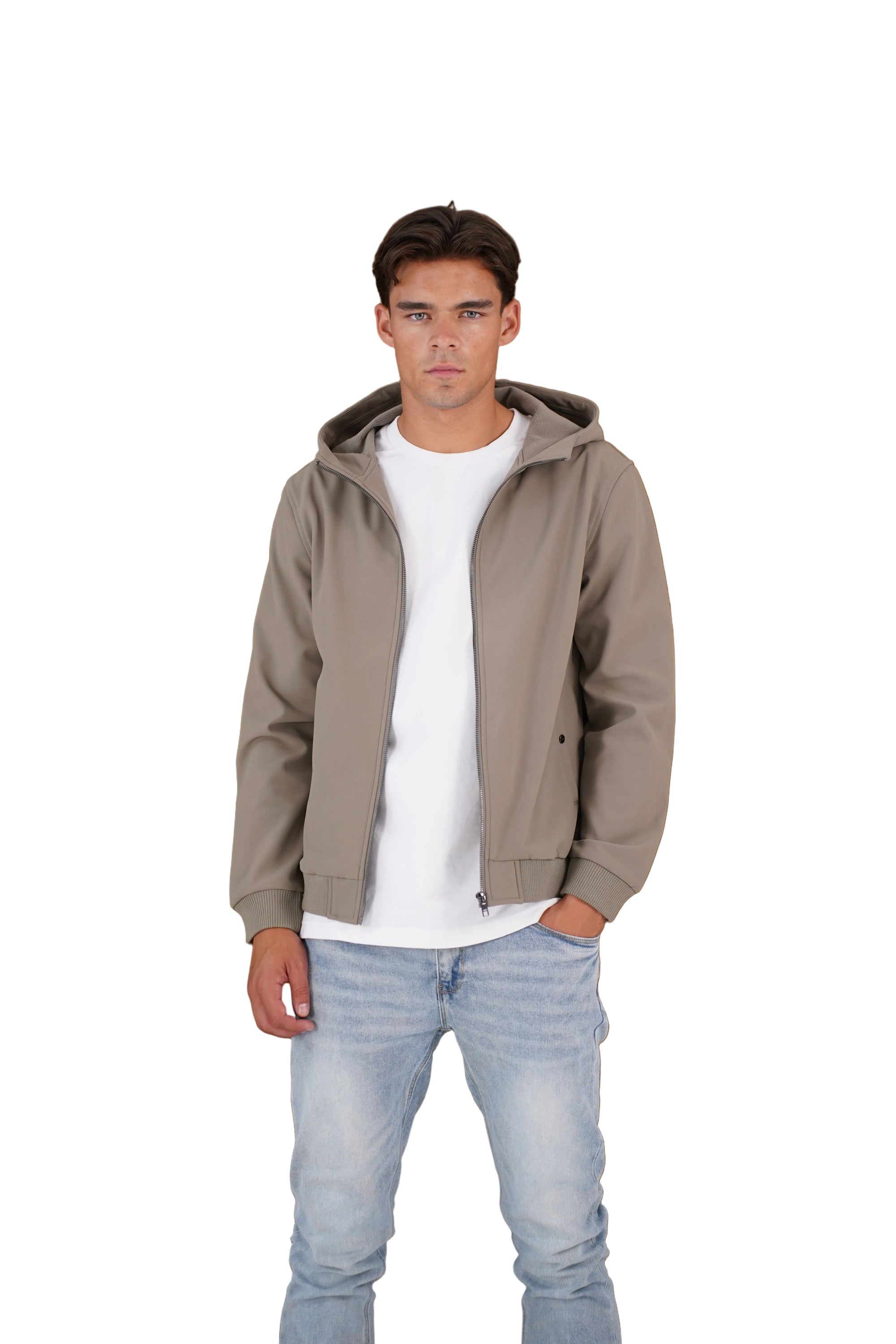 Front view of CAPO Soft Shell Hood Olive Jacket