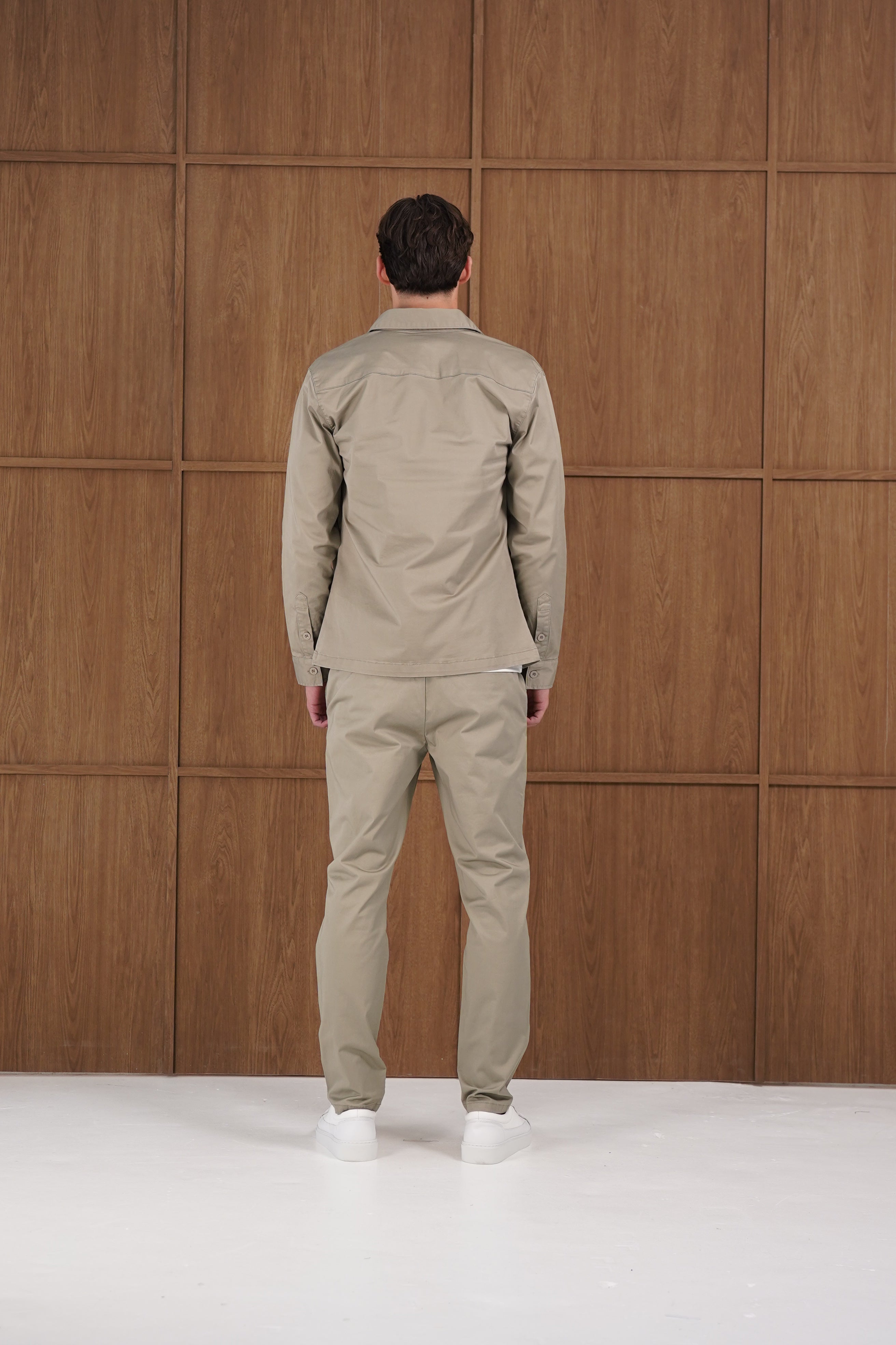 Model back view of CAPO Cotton Cargo Olive Overshirt