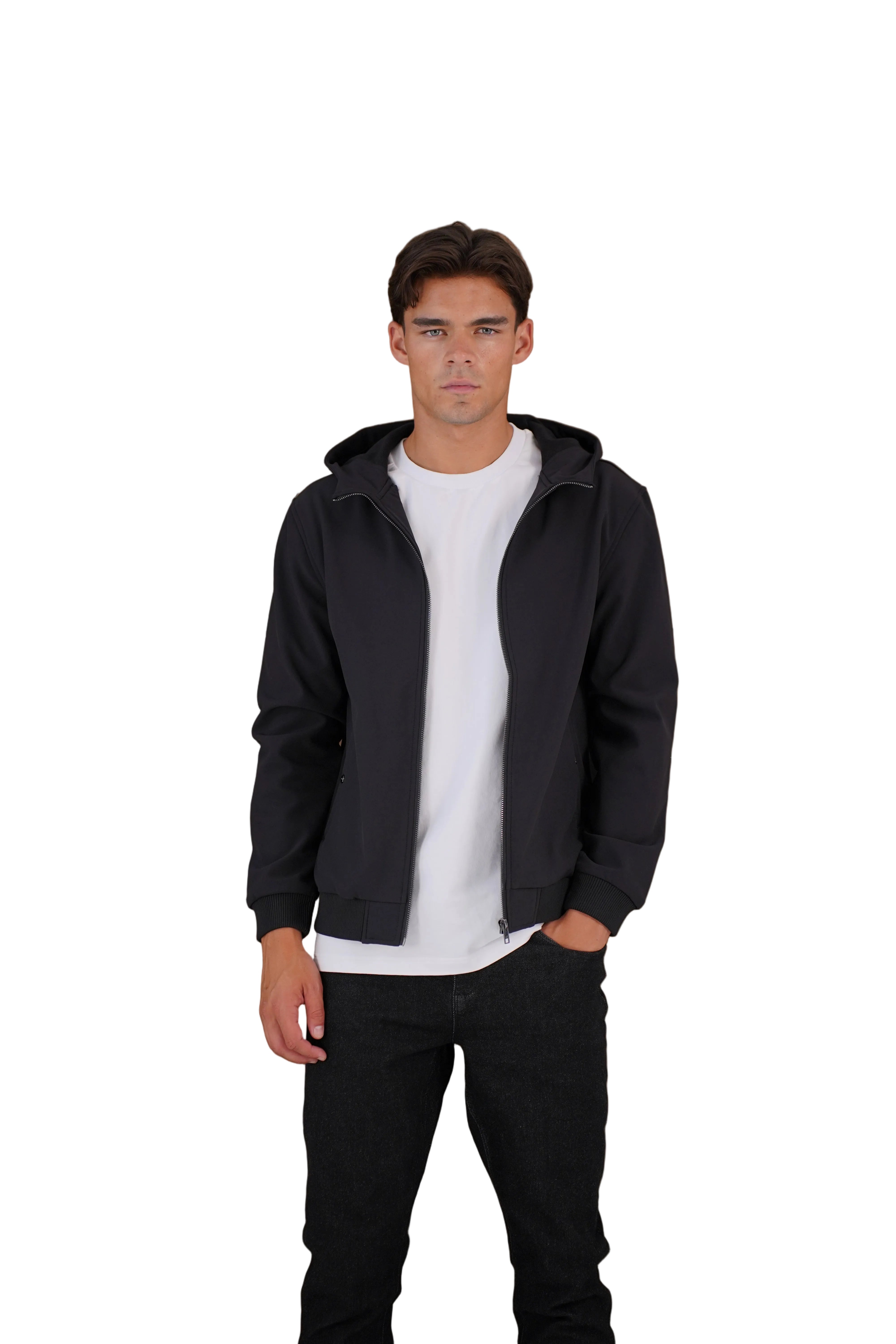 Front view of CAPO Soft Shell Hood Black Jacket