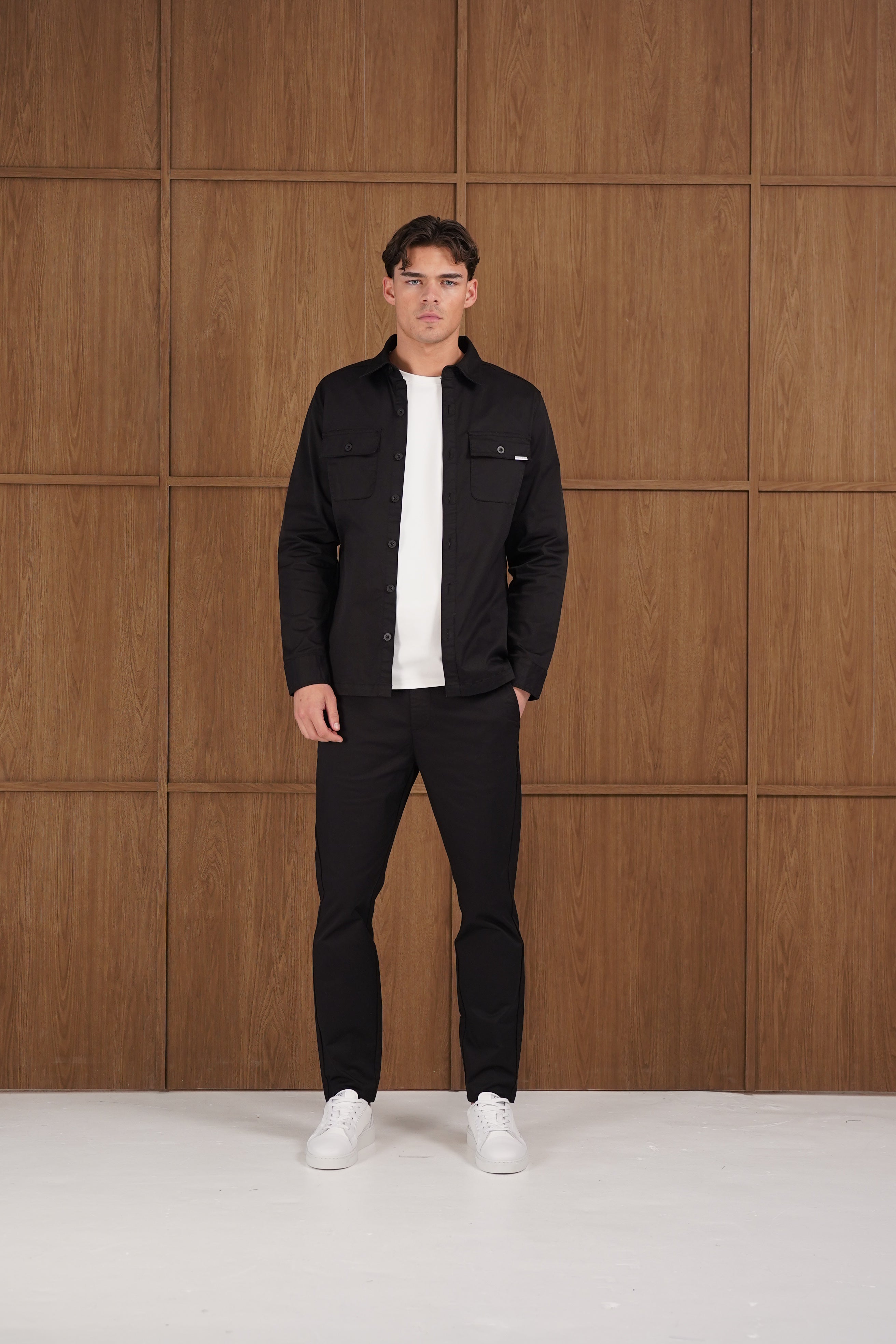 Model view of CAPO Cotton Cargo Black Overshirt