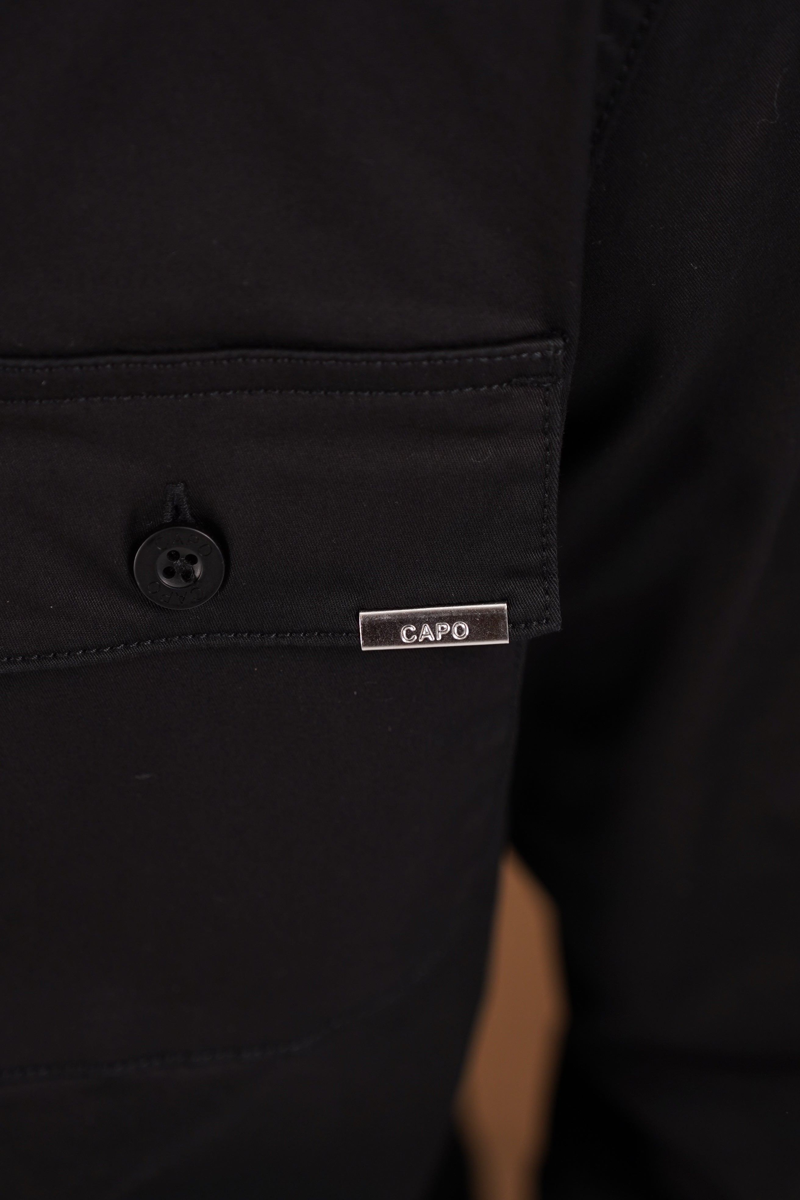 Pocket detail view of CAPO Cotton Cargo Black Overshirt