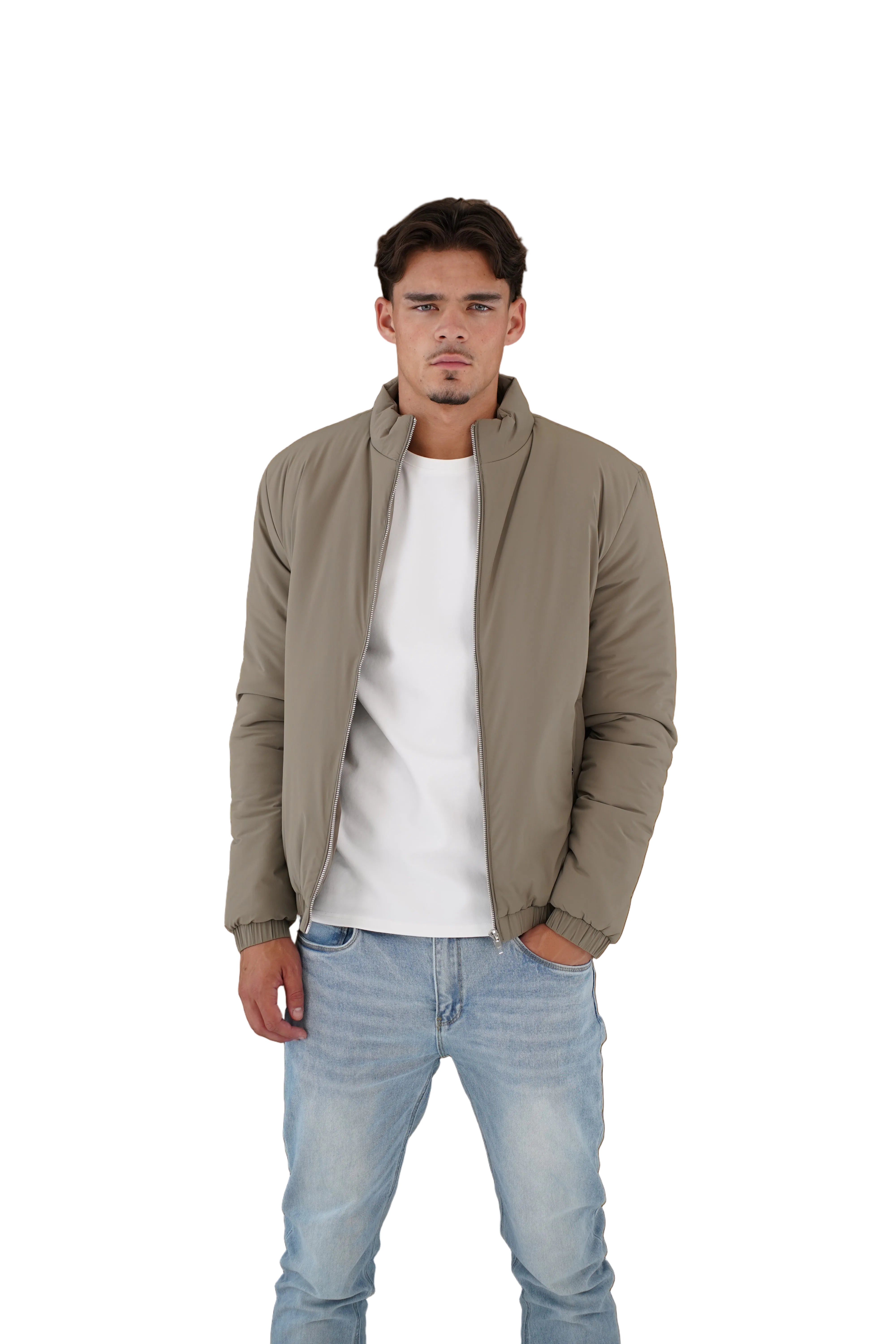 Model front view of CAPO Padded Olive Bomber Jackets