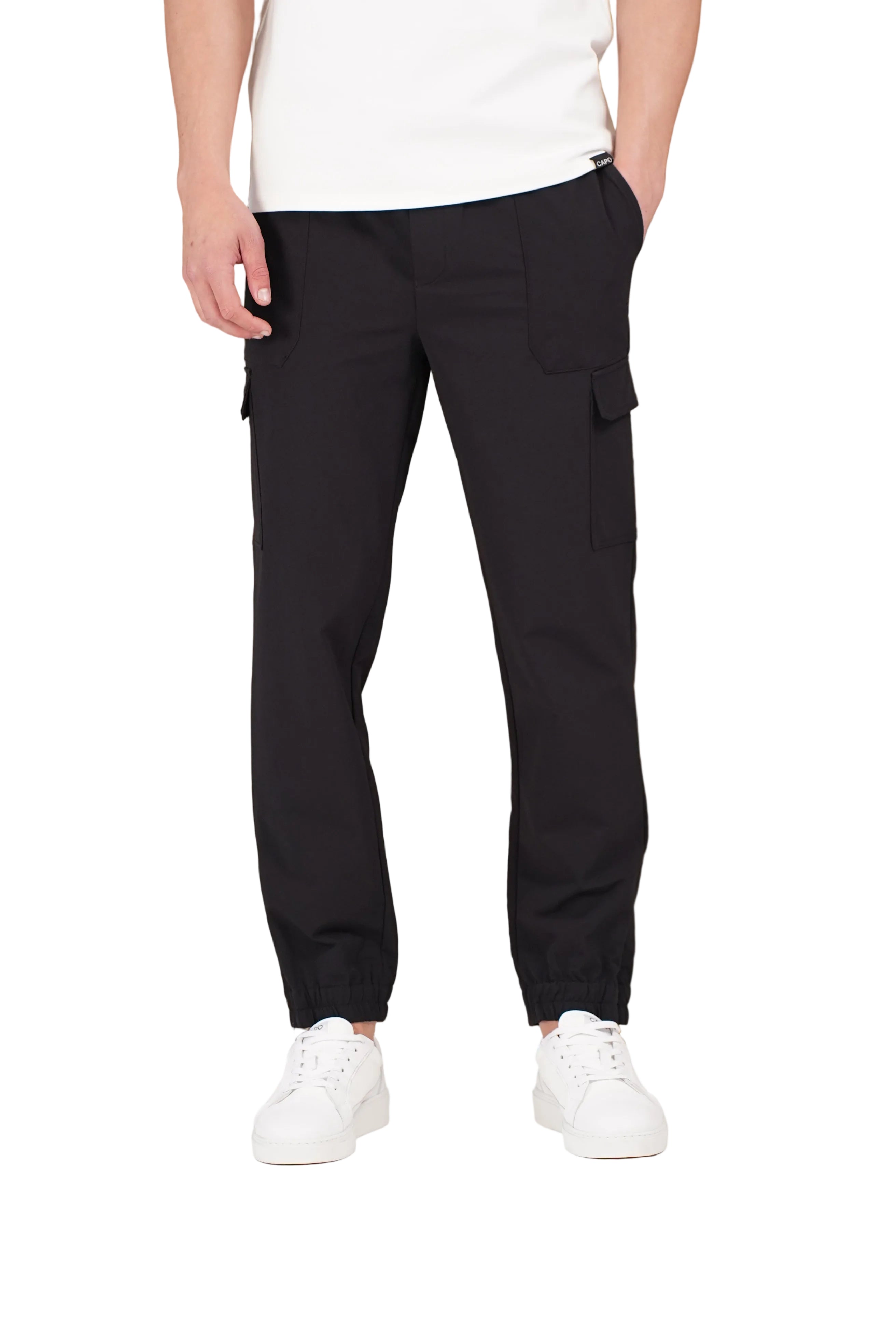 Front view of CAPO Smart Cuffed Black Cargo Pants